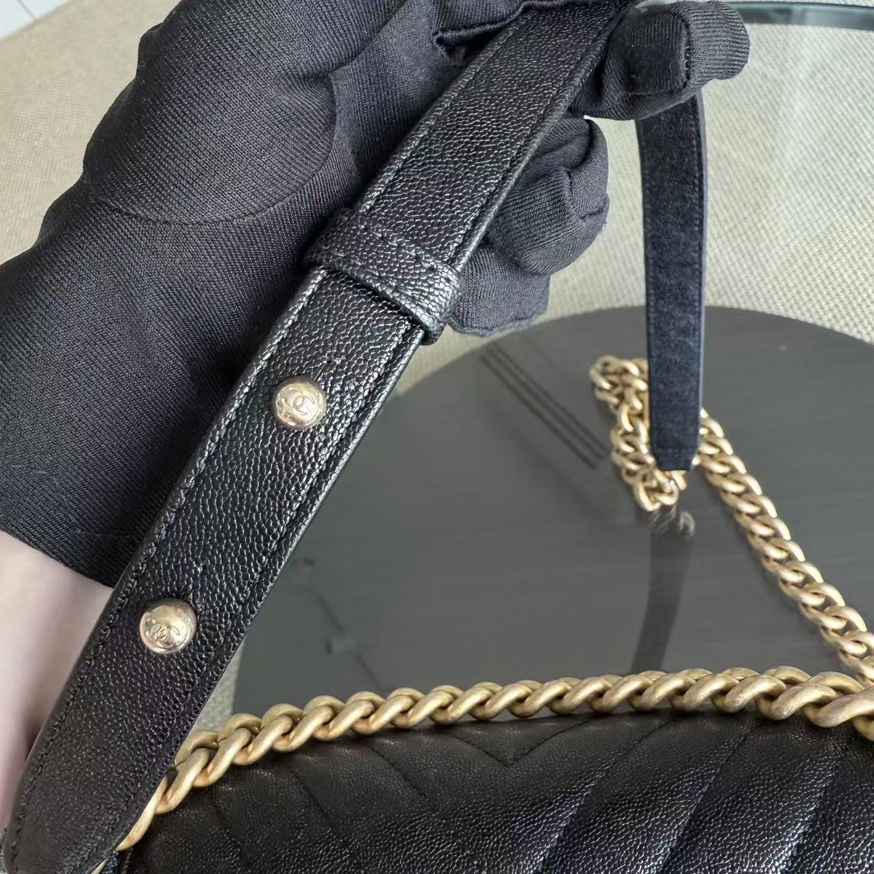 Chanel Boy Medium - Caviar 25CM Chevron Black Gold Hardware Series 26
