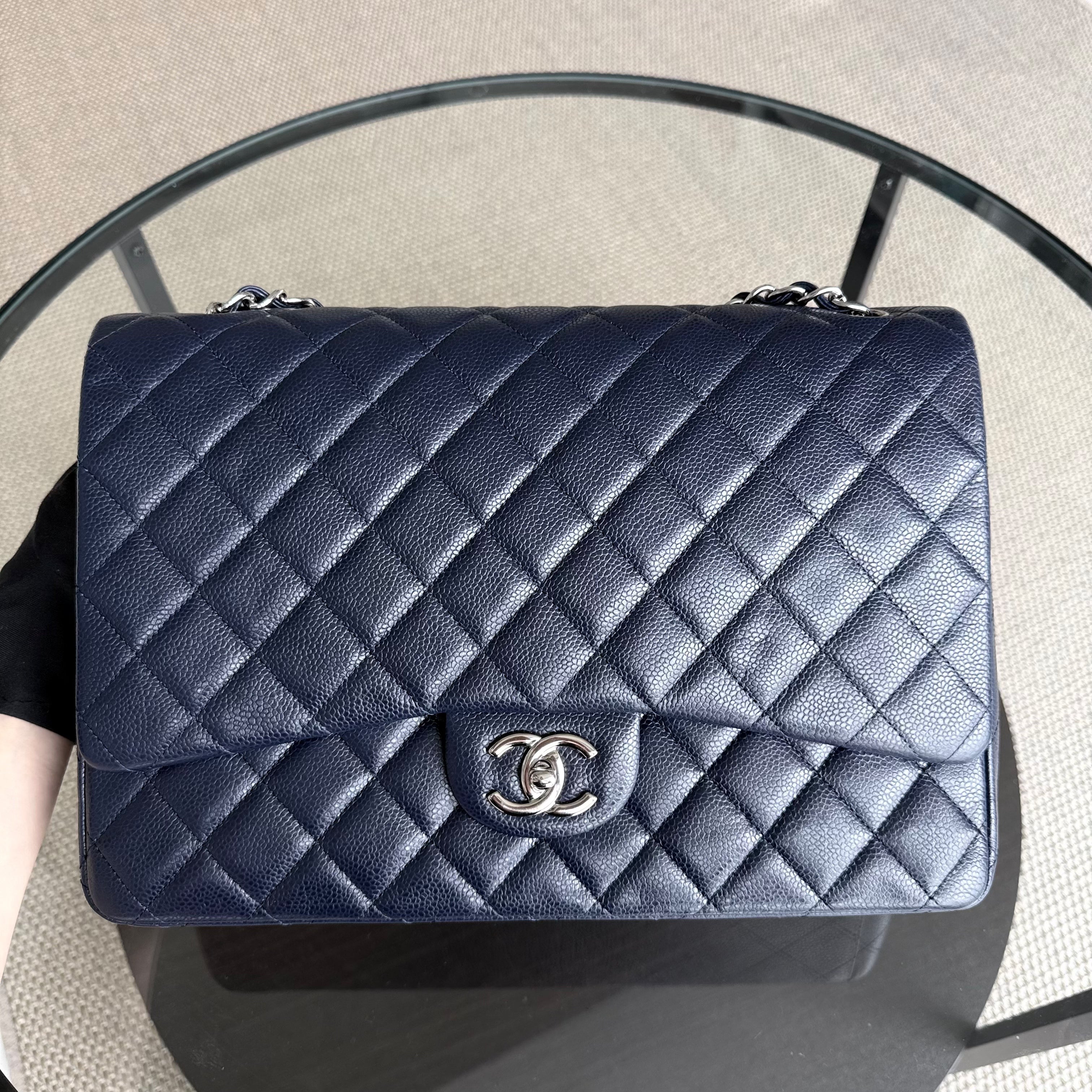 Chanel Classic Flap Maxi - Caviar Double Flap 33CM Quilted Grained Calfskin Dark Blue Silver Hardware Series 18