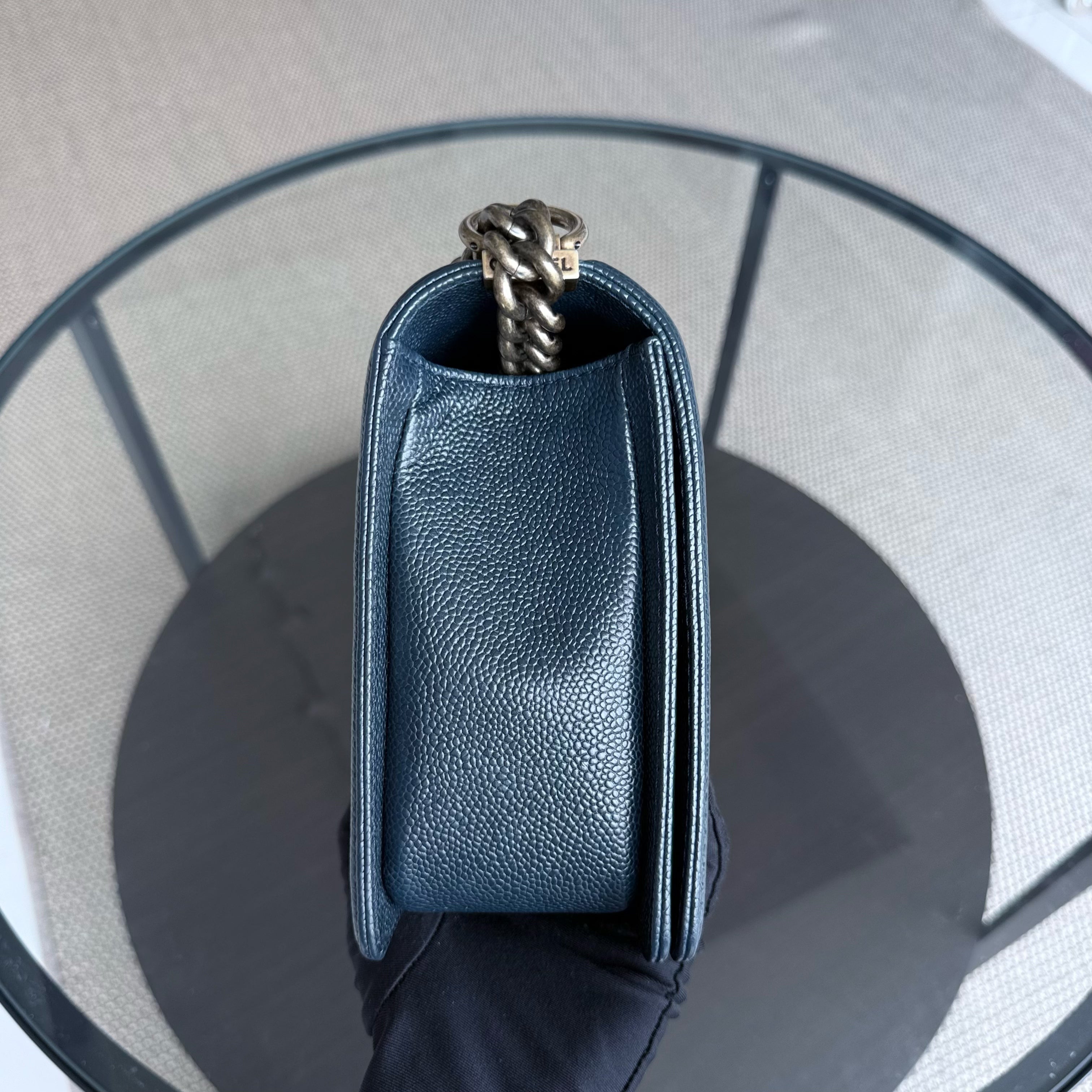 Chanel Boy New Medium - Caviar 28CM Quilted Dark Blue Ruthenium Gold Hardware Series 19