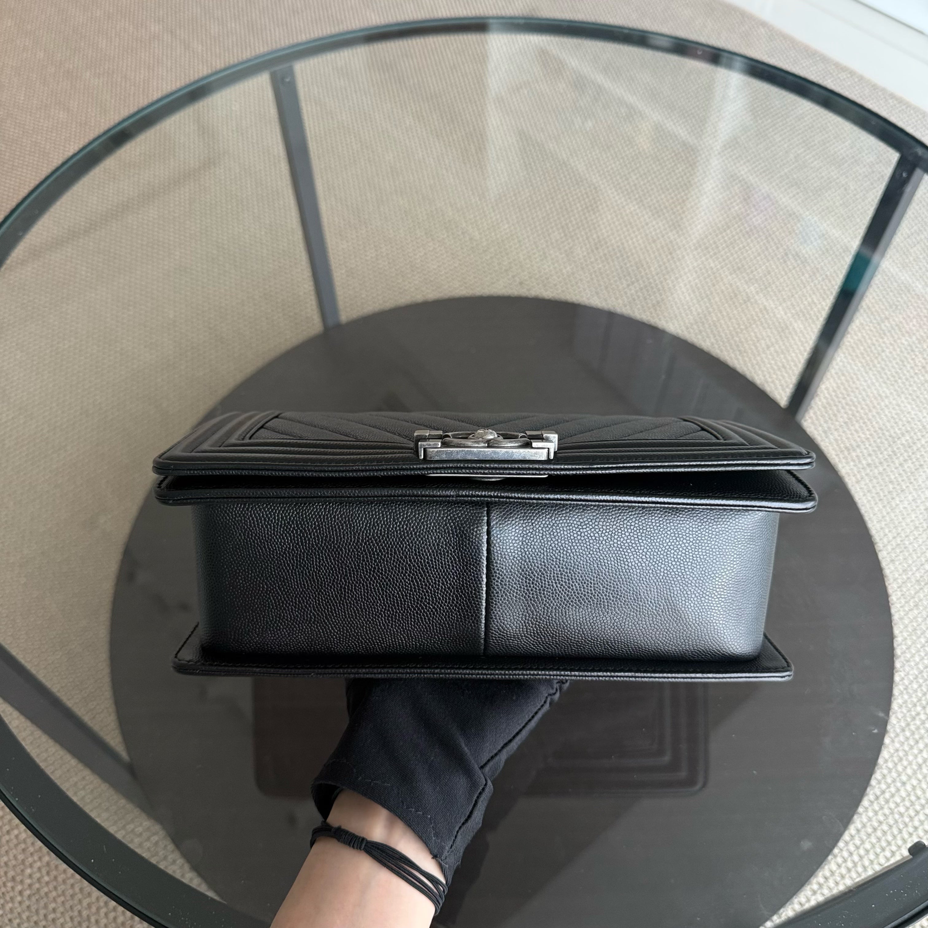 Chanel Boy Medium - Caviar 25CM Chevron Black Ruthenium Silver Hardware Series 24