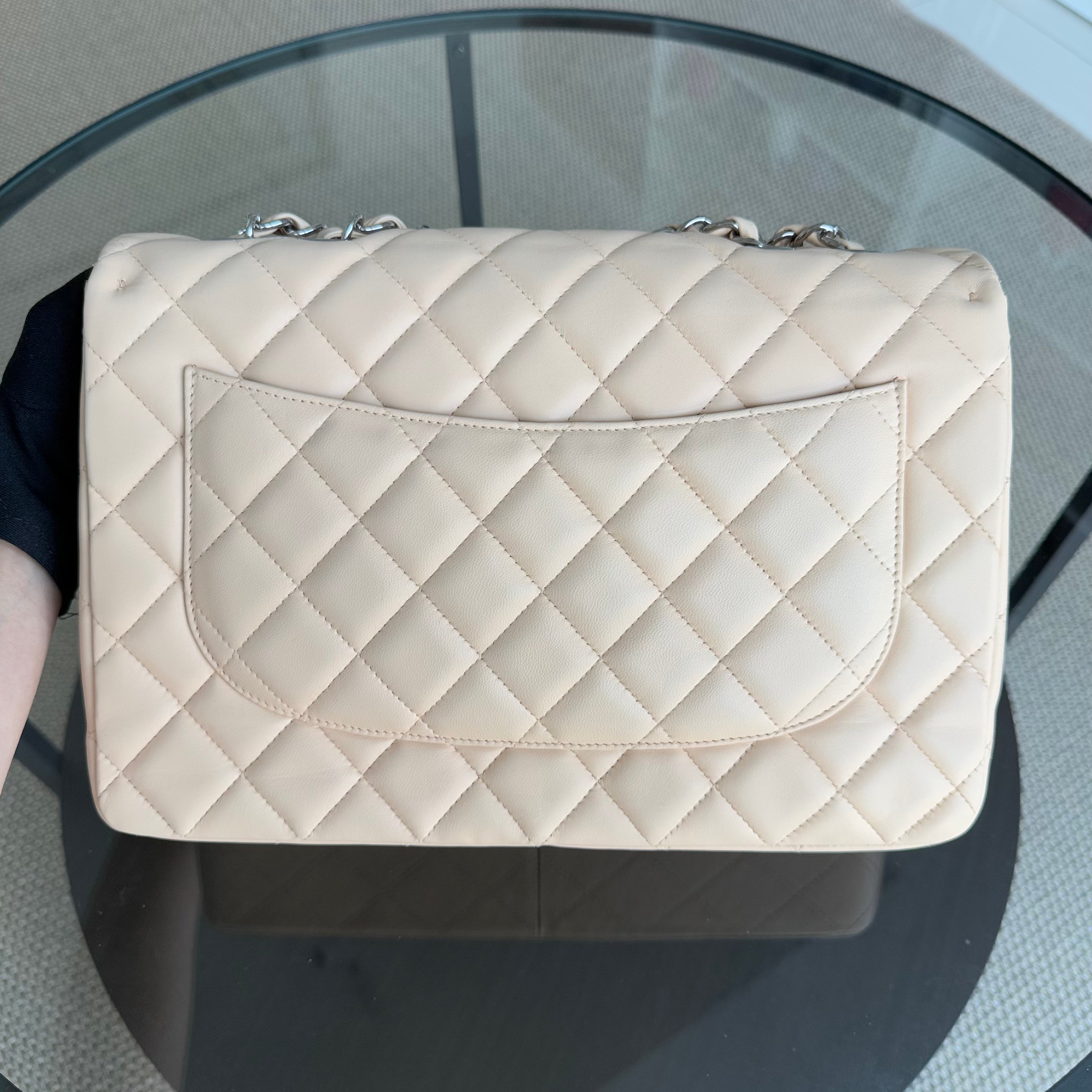 Chanel Classic Flap Jumbo - 30CM Quilted Single Flap Lambskin Beige Silver Hardware Series 13