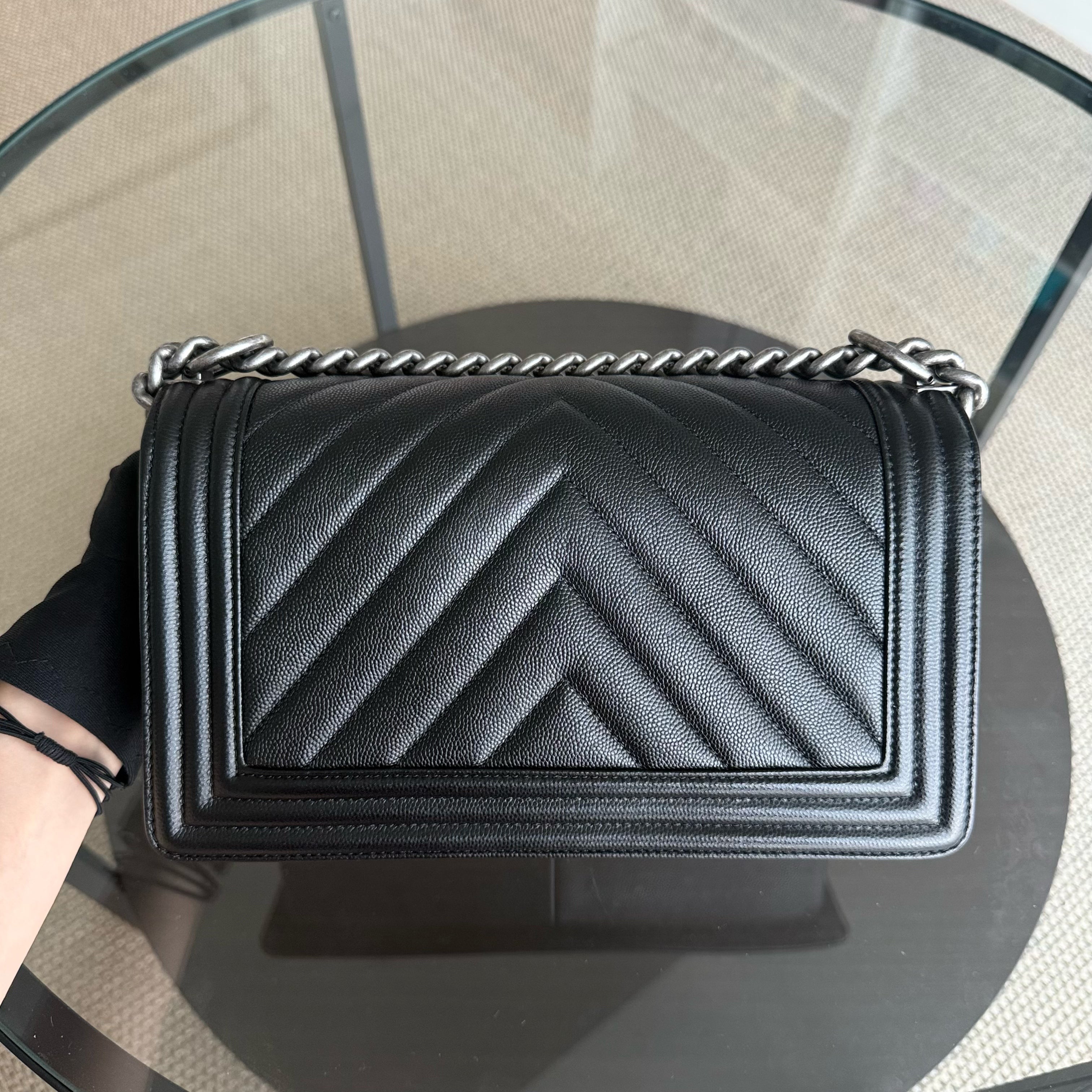 Chanel Boy Medium - Caviar 25CM Chevron Black Ruthenium Silver Hardware Series 24