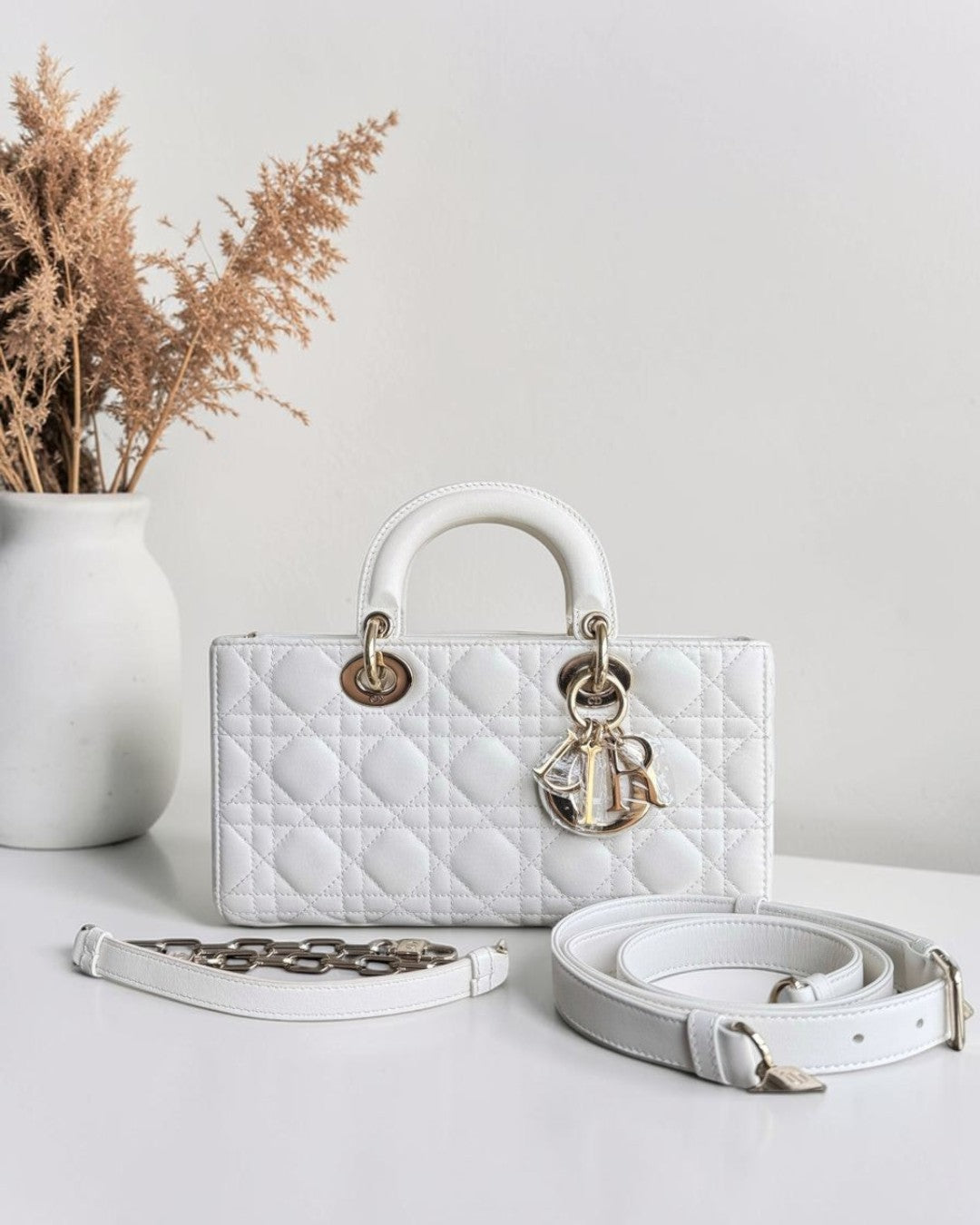 Dior D-joy Medium - Cannage Lambskin White Gold Hardware