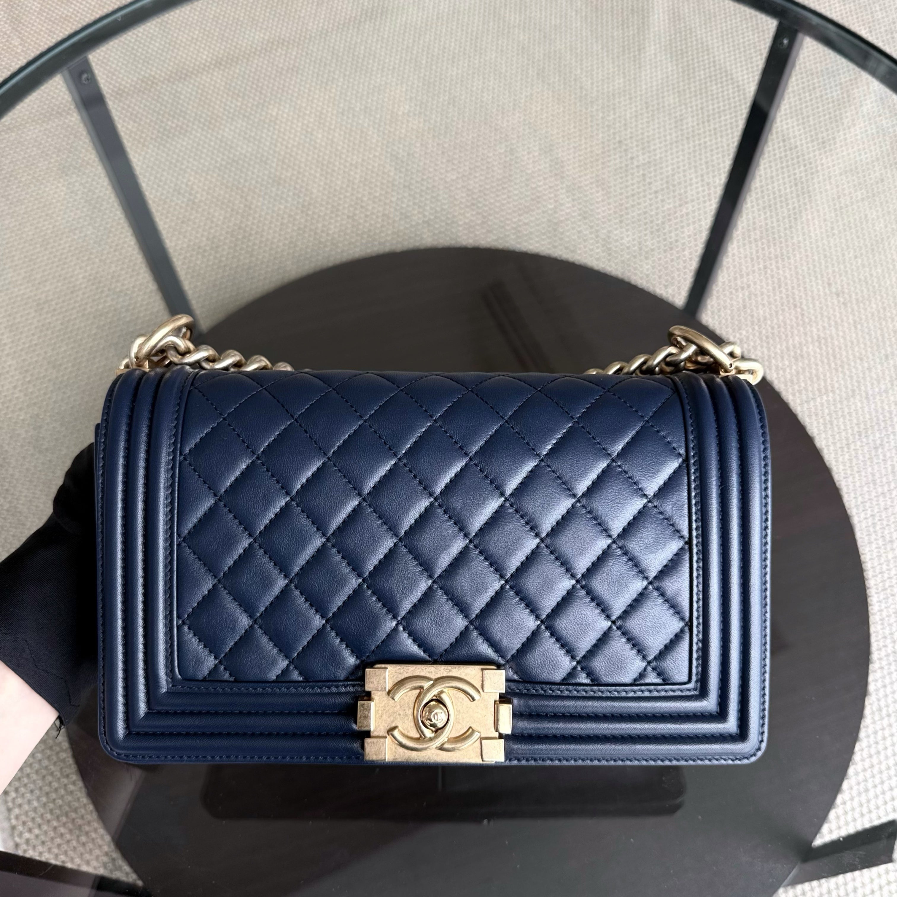 Chanel Boy Meidum - 25CM Quilted Lambskin Dark Blue Gold Hardware Series 21