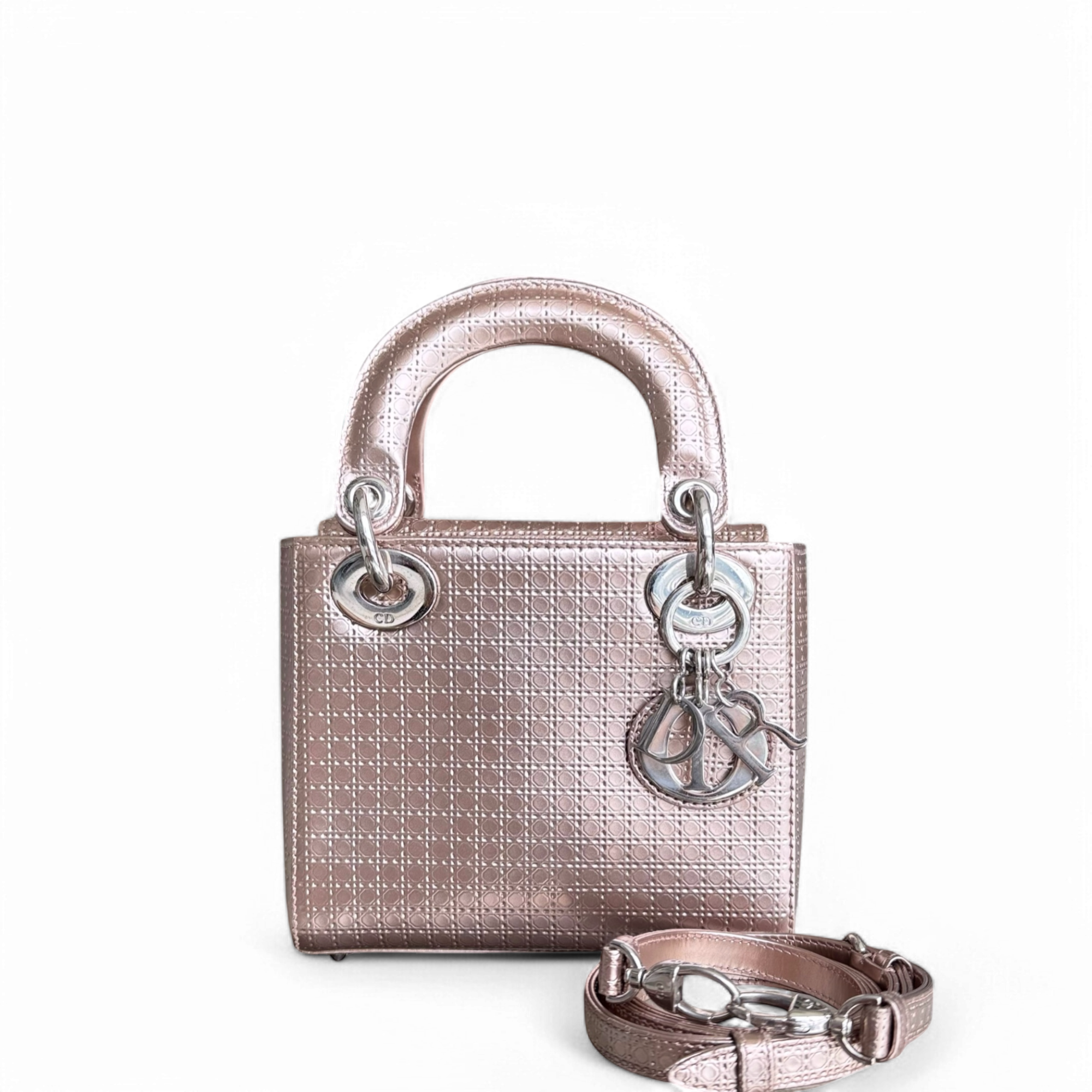 Dior Lady Mini - Micro Cannage Metallic Rose Gold Silver Hardware Adjustable Strap