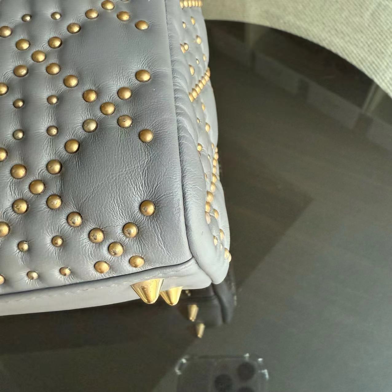 Dior Small Lady Shoulder Bag - Studded Cannage Grey Gray Golden Hardware