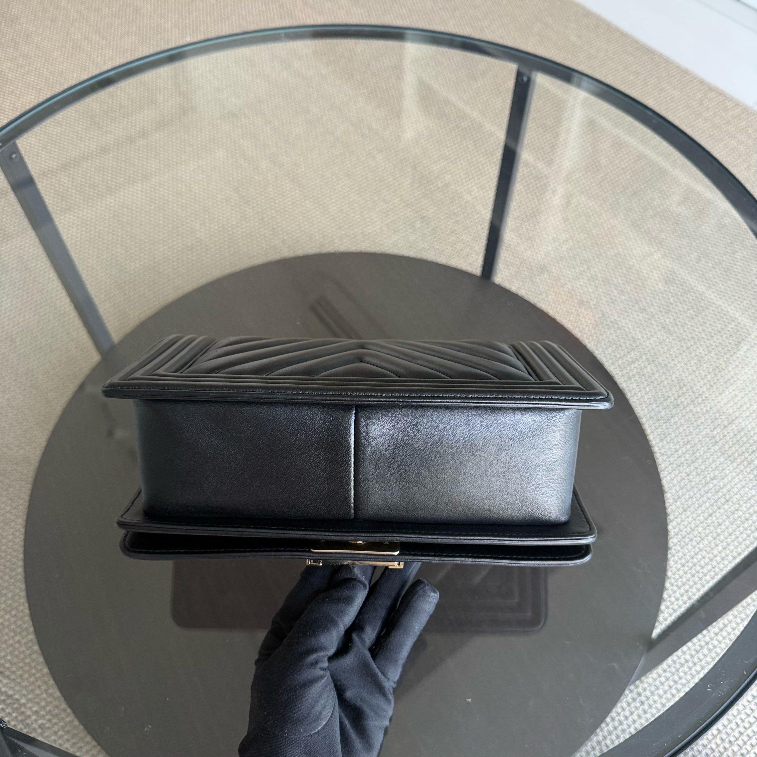 Chanel Boy Medium - 25CM Chevron Calfskin Black Aged Gold Hardware Series 23