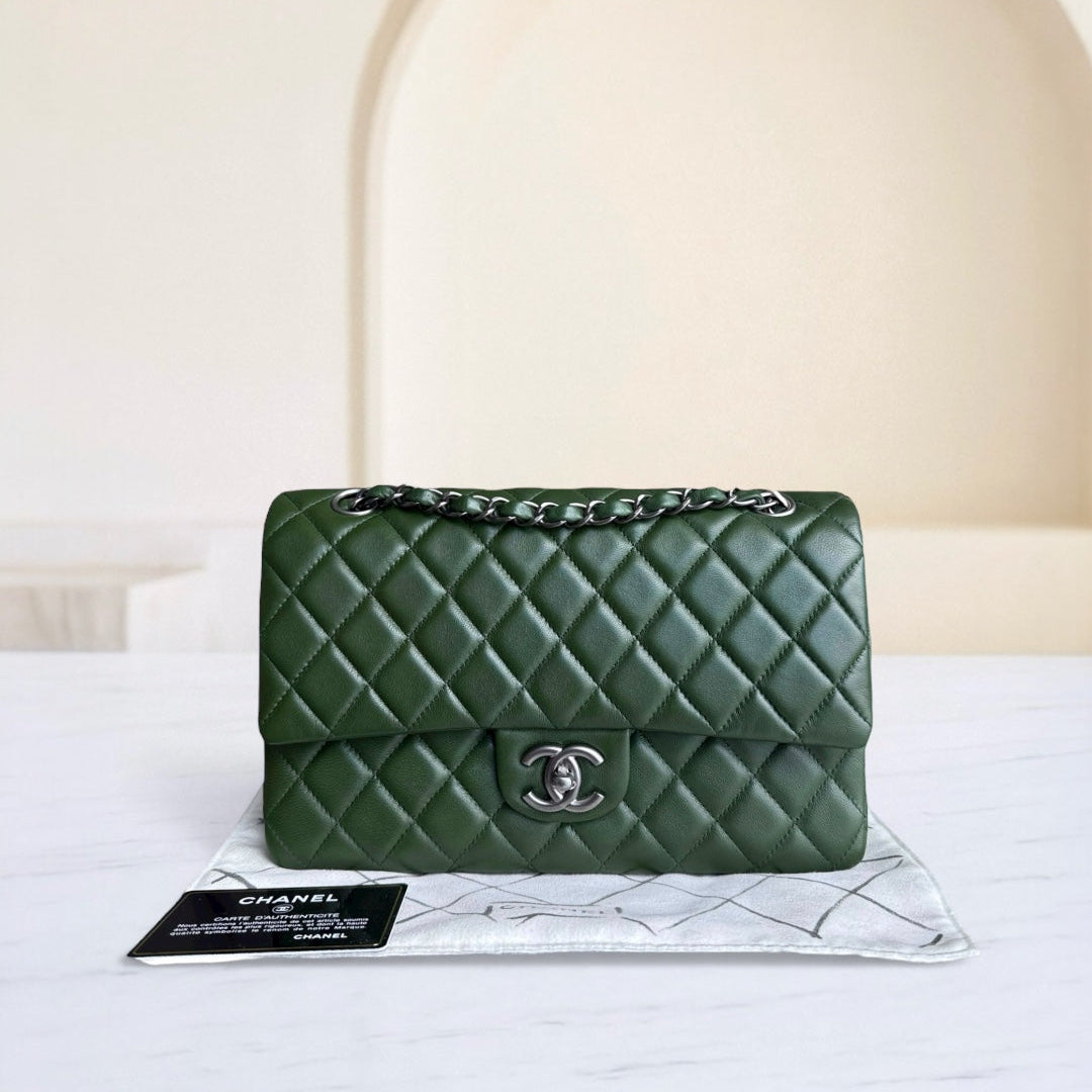 Chanel Classic Flap Medium - 25CM Quilted Lambskin Dark Green Silver Hardware Series 12