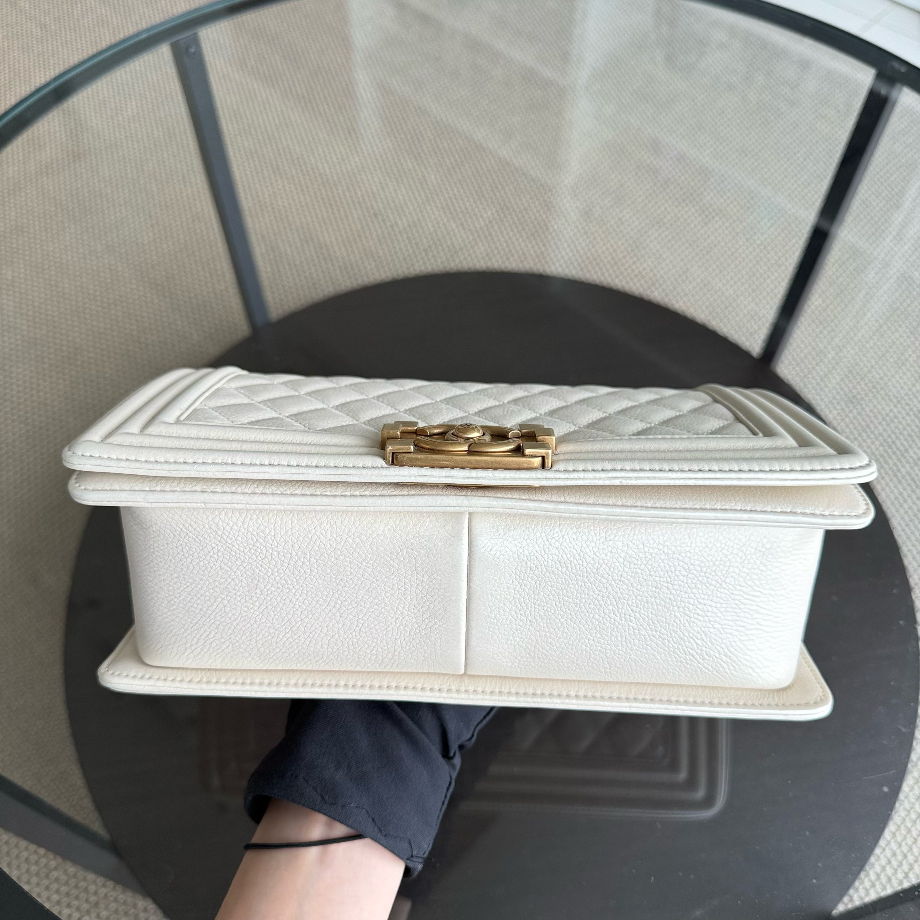 Chanel Boy Medium - Calfskin 25CM Quilted Cream White Aged Gold Hardware Series 20