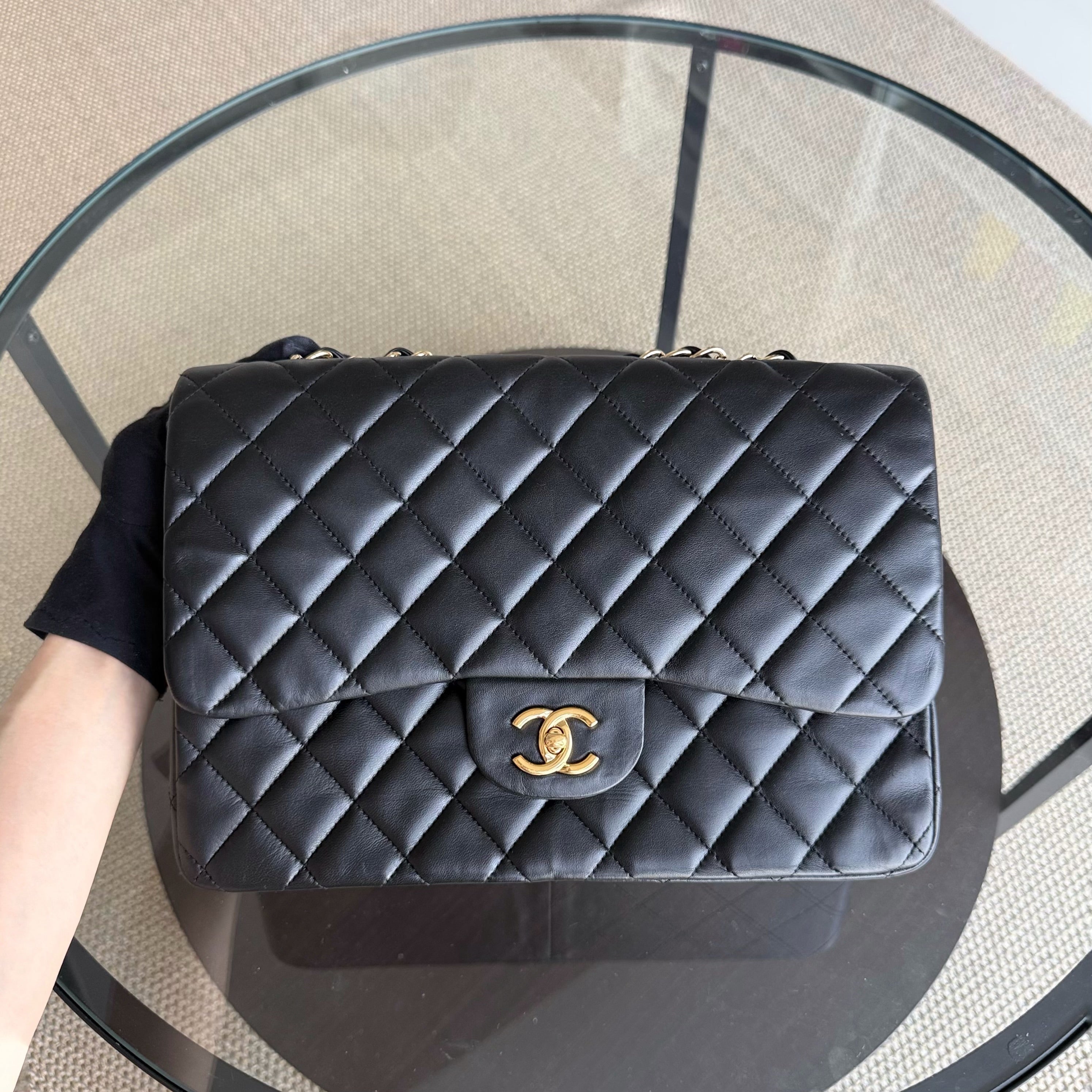 Chanel Classic Flap Jumbo - 30CM Single Flap Quilted Lambskin Black Gold Hardware Series 13