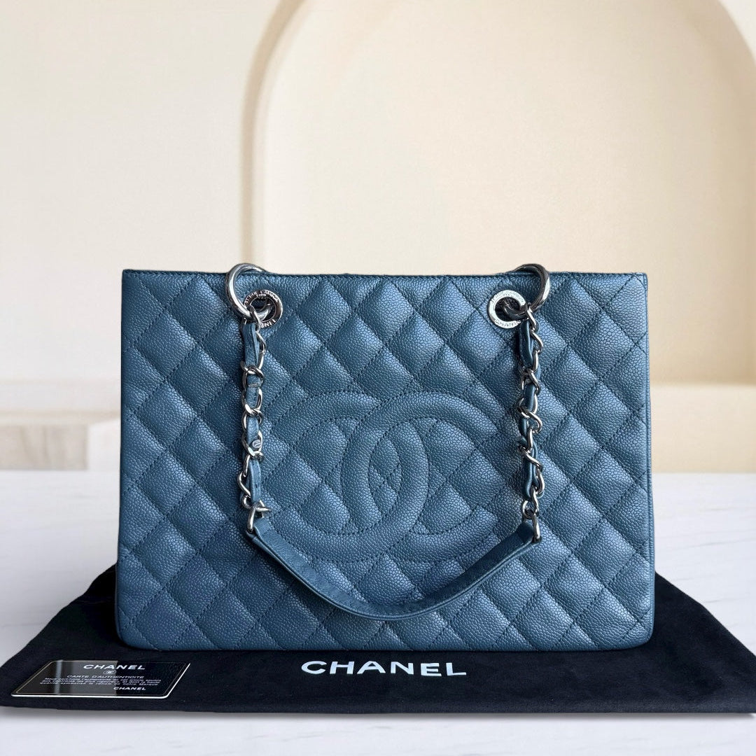 Chanel GST Grand Shopping Tote - Caviar Quilted Grained Calfskin Blue Silver Hardware Series 19