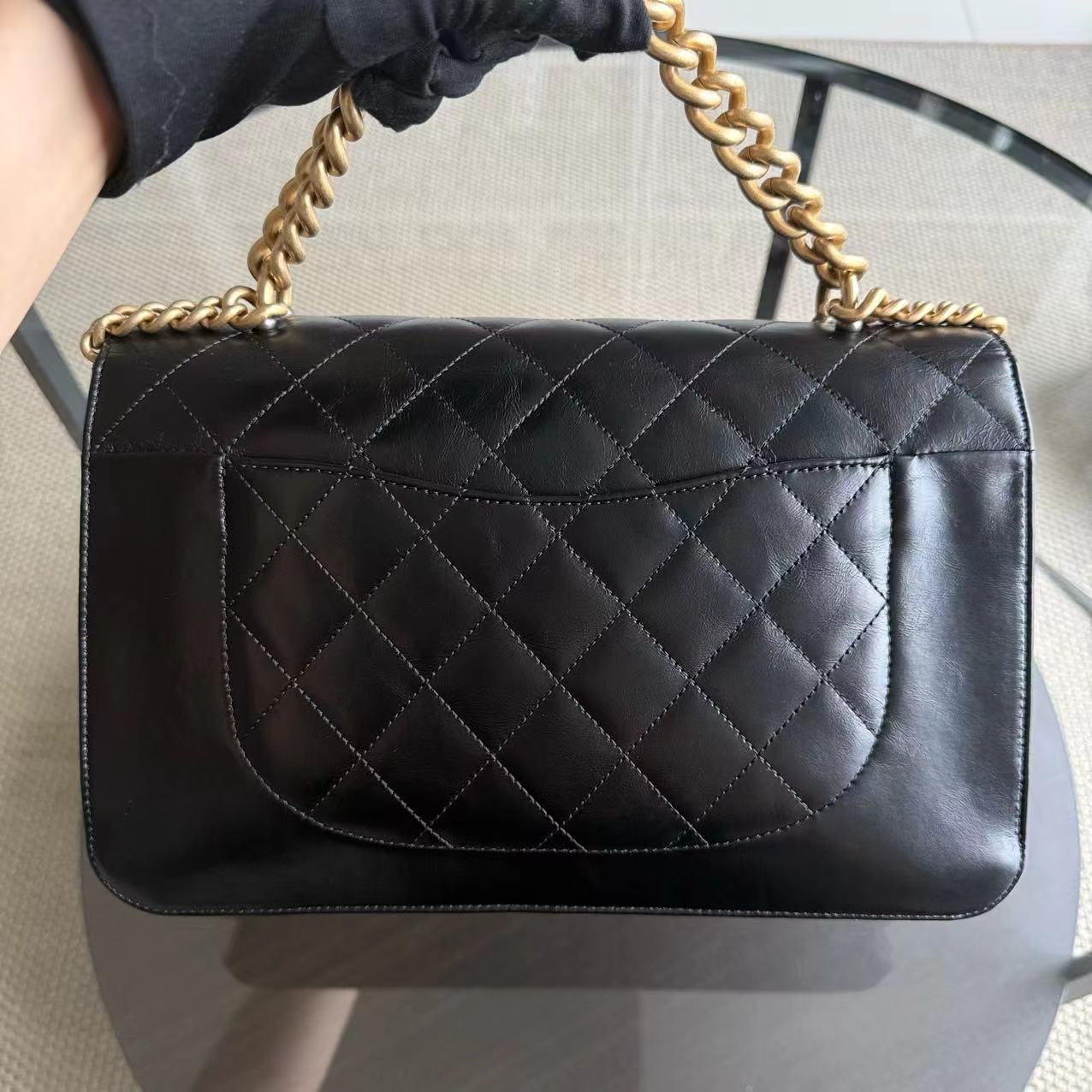 Chanel Seasonal Flap Jumbo - 30CM Glazed Calfskin Quilted Straight Line Black Gold Hardware Series 23