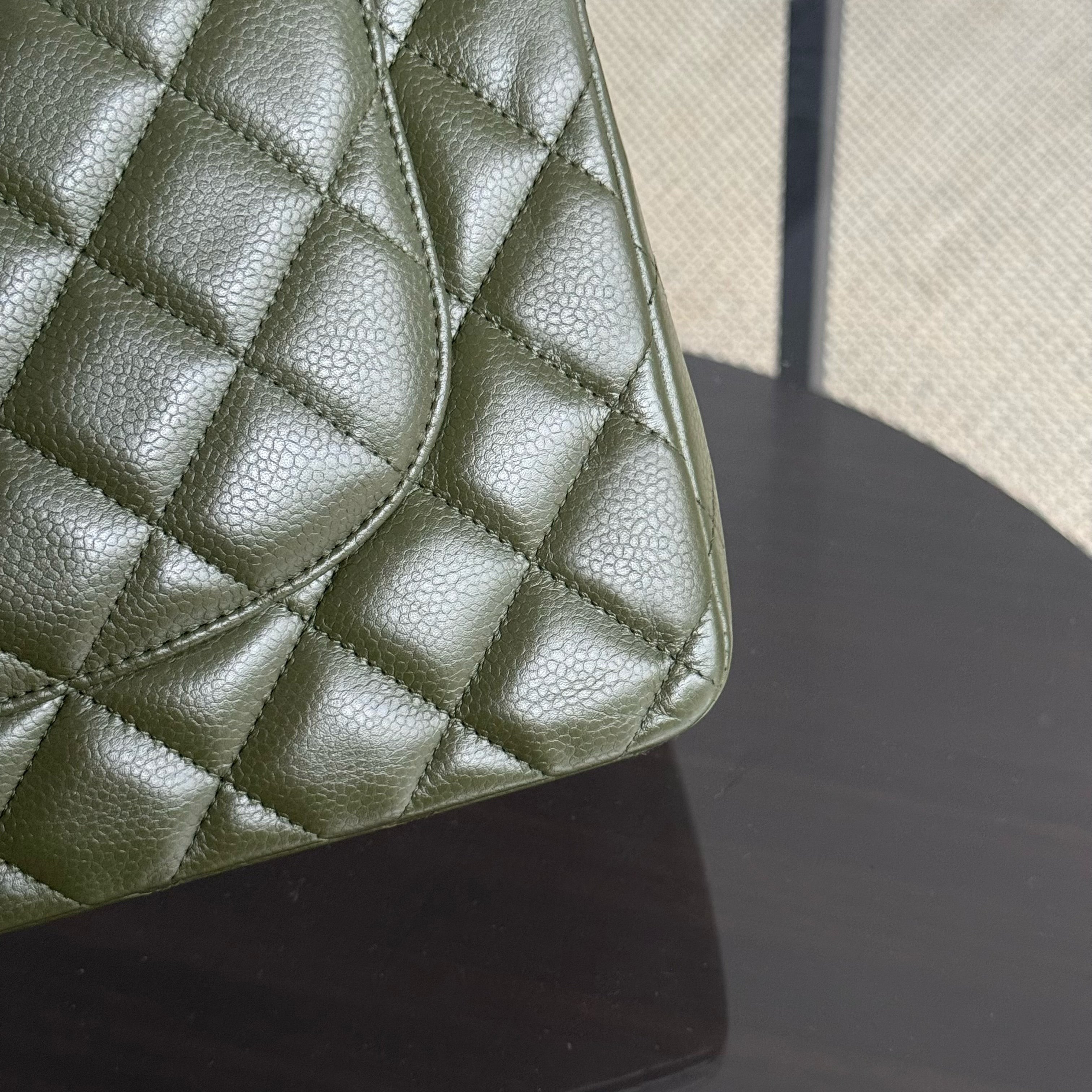 Chanel Classic Flap Jumbo - Caviar 30CM Double Flap Quilted Dark Army Green Silver Hardware Series 14