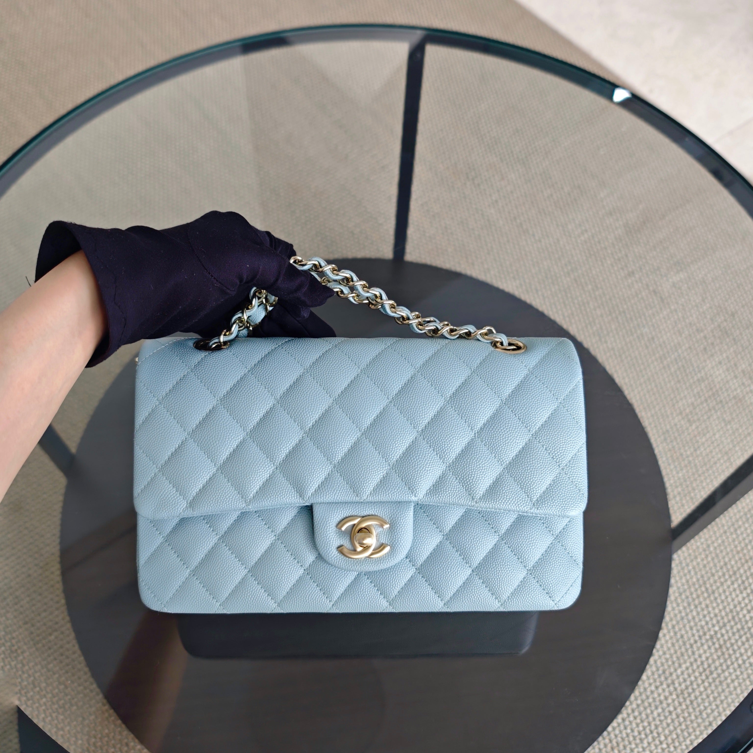 Chanel Classic Flap Medium - Caviar 25CM Quilted Light Blue Baby Blue Gold Hardware Microchip