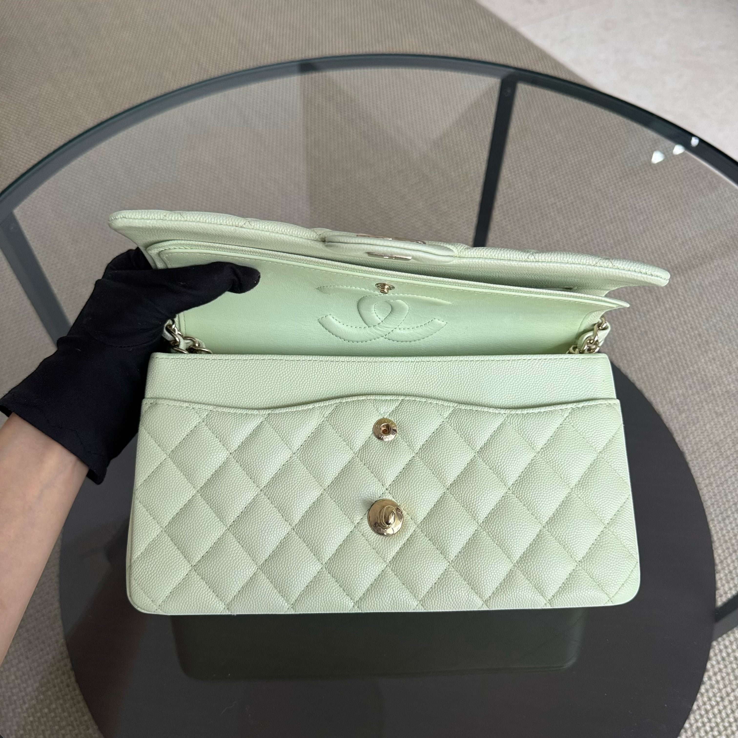 Chanel Classic Flap Medium - Caviar 25CM Quilted Light Green Gold Hardware Microchip