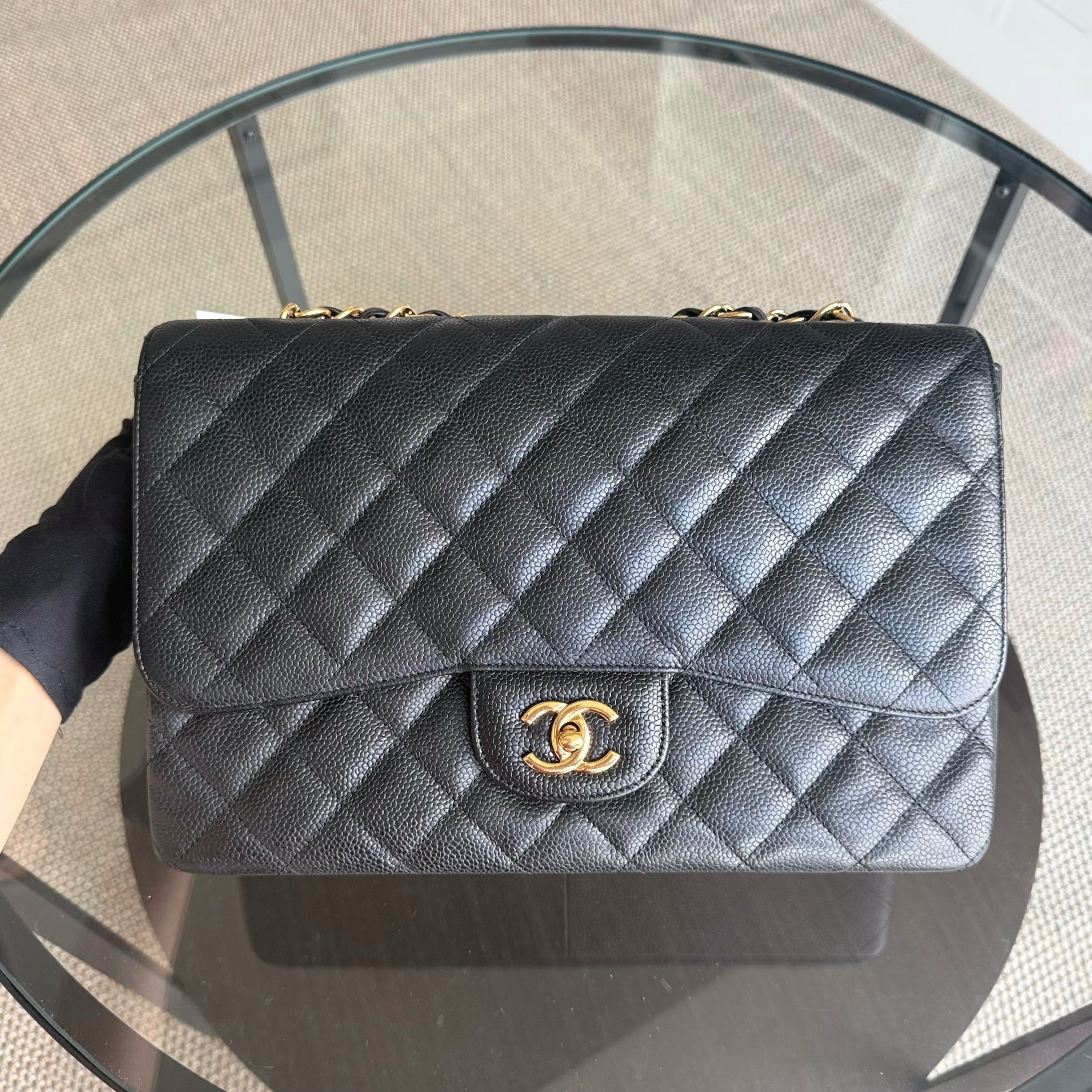 Chanel Classic Flap Jumbo - Caviar 30CM Single Flap Quilted Black Gold Hardware Series 13