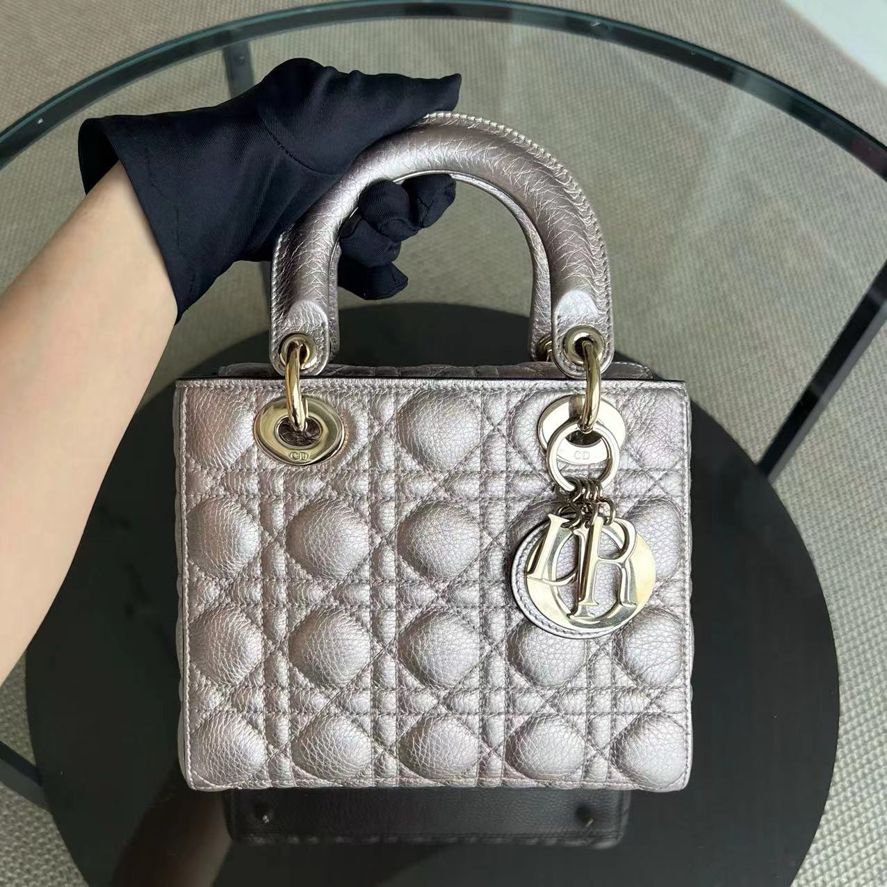 Dior Lady Small - Cannaga Calfskin Metallic Rose Gold Golden Hardware