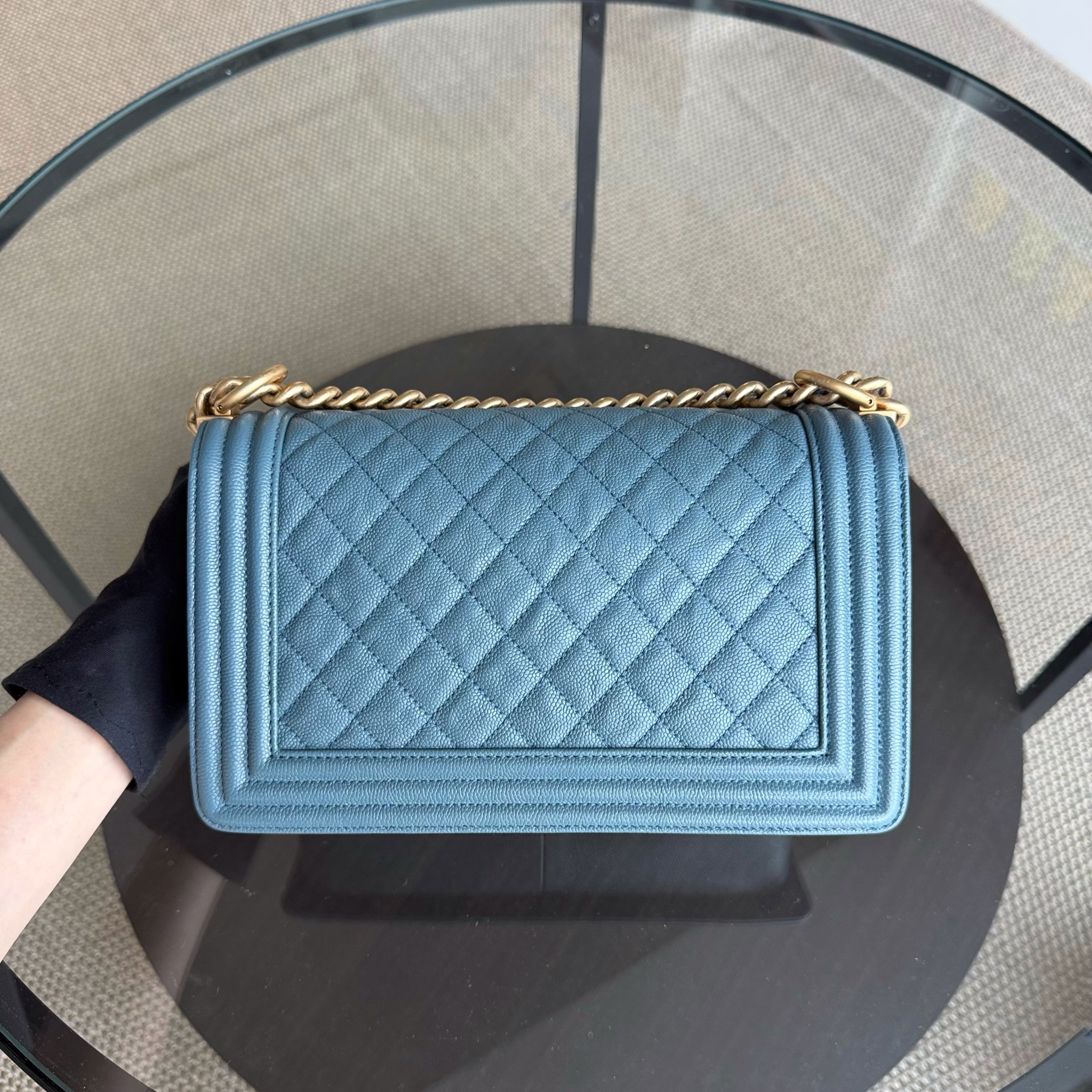 Chanel Boy Medium - Caviar 25CM Quilted Blue Gold Hardware 25
