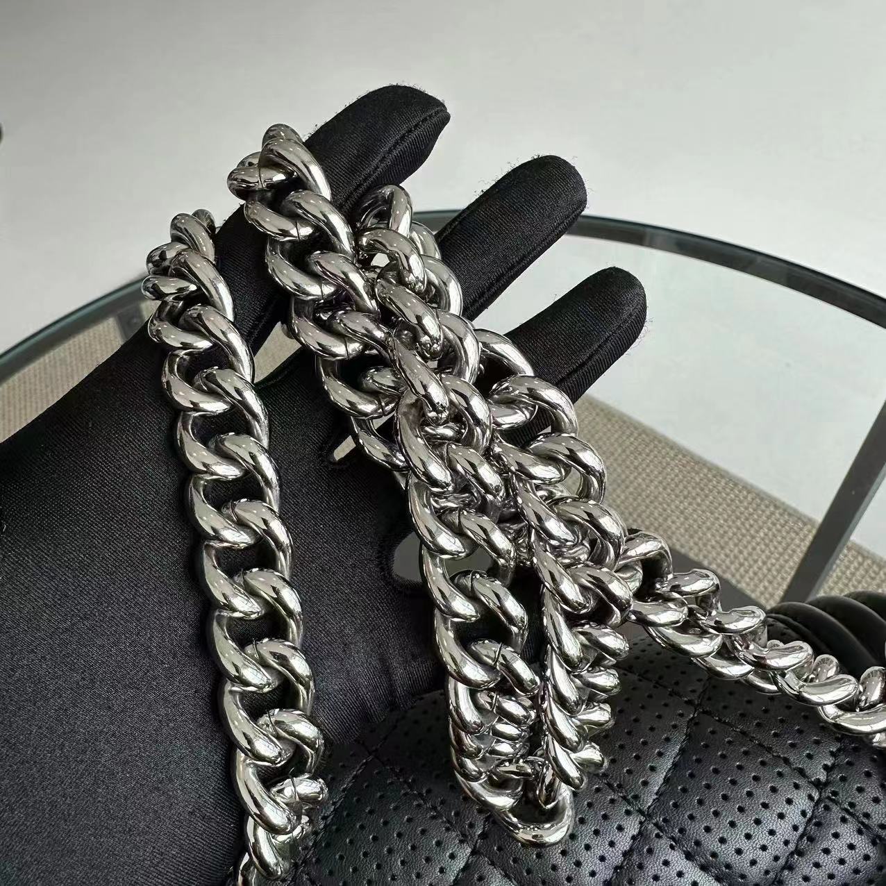 Chanel Boy Medium - 28CM Quilted Lambskin Perforated Black Silver Hardware Series 19