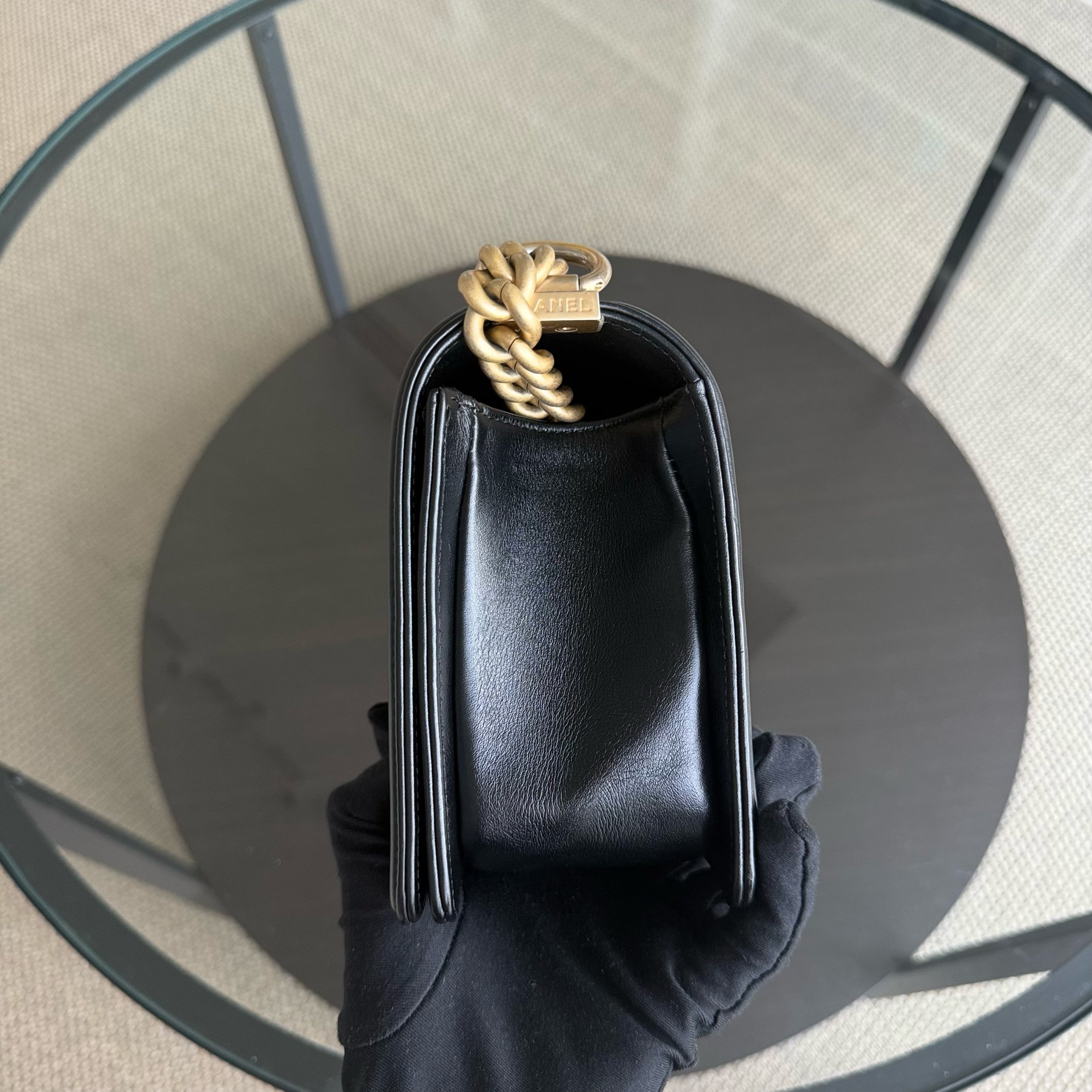 Chanel Boy Medium - 25CM Chevron Calfskin Black Aged Gold Hardware