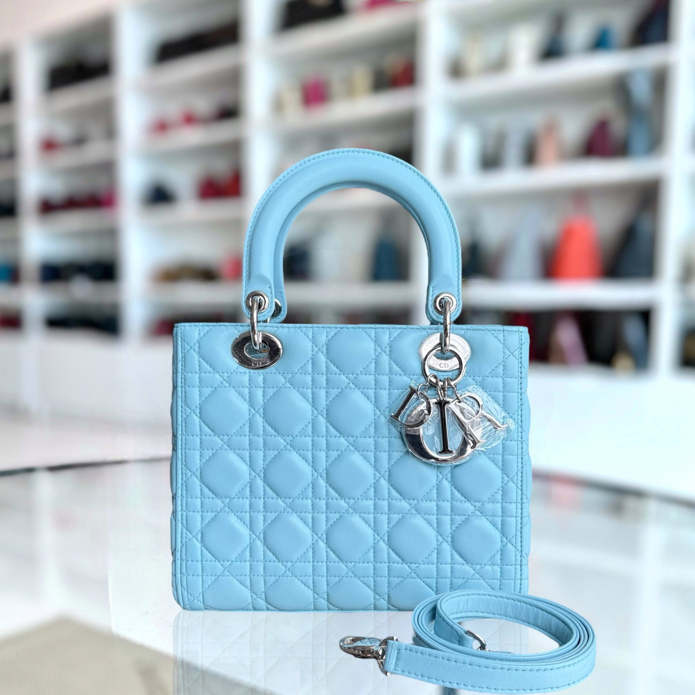 Dior Lady Medium - Cannage Lambskin Light Baby Blue Silver Hardware