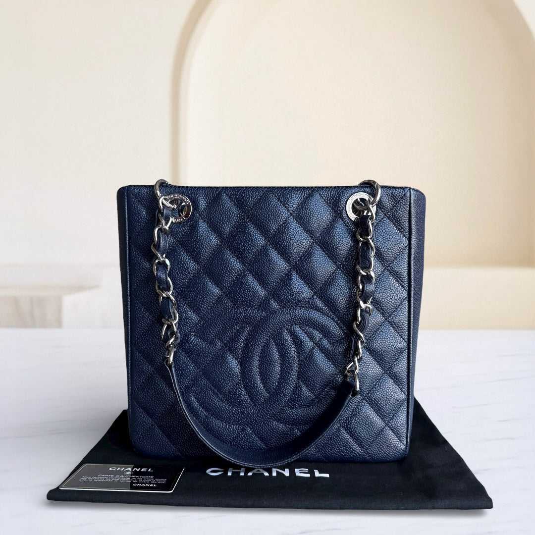 Chanel PST Petite Shopping Tote - Caviar 24CM Quilted Dark Blue Silver Hardware Series 18