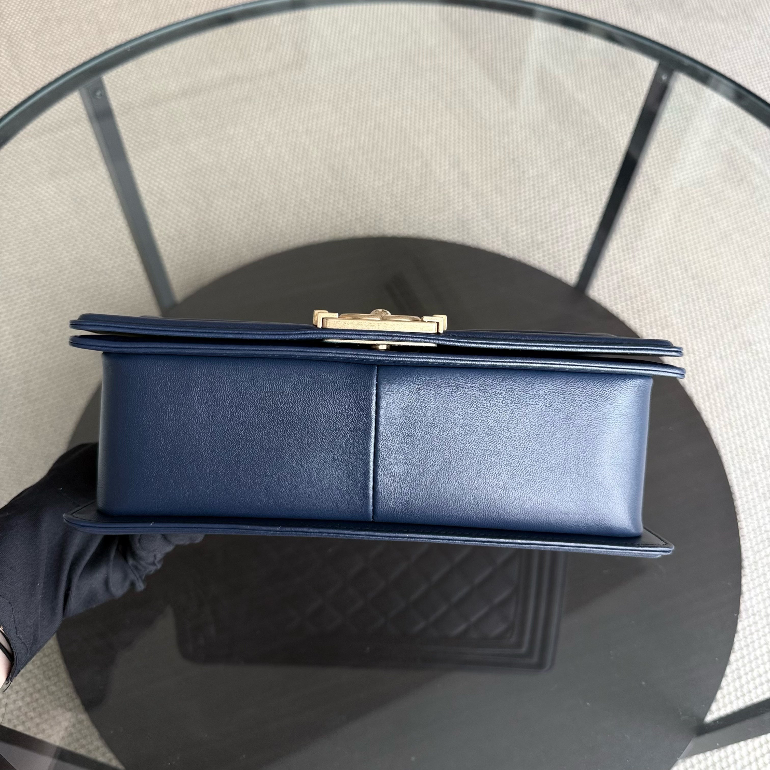 Chanel Boy Meidum - 25CM Quilted Lambskin Dark Blue Gold Hardware Series 21