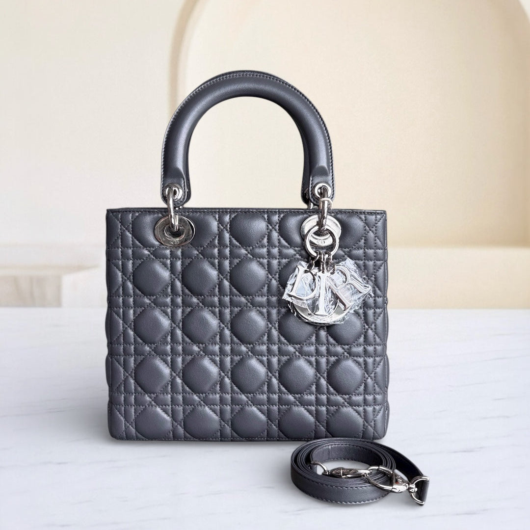 Dior Lady Medium - Cannage Lambskin Dark Gray Silver Hardware
