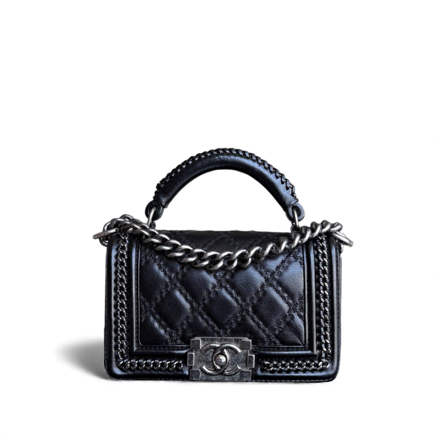 Chanel Boy Small Handle - 20CM Calfskin Chain Around Top Handle Limited Edition Black Ruthenium Silver Hardware Series 21