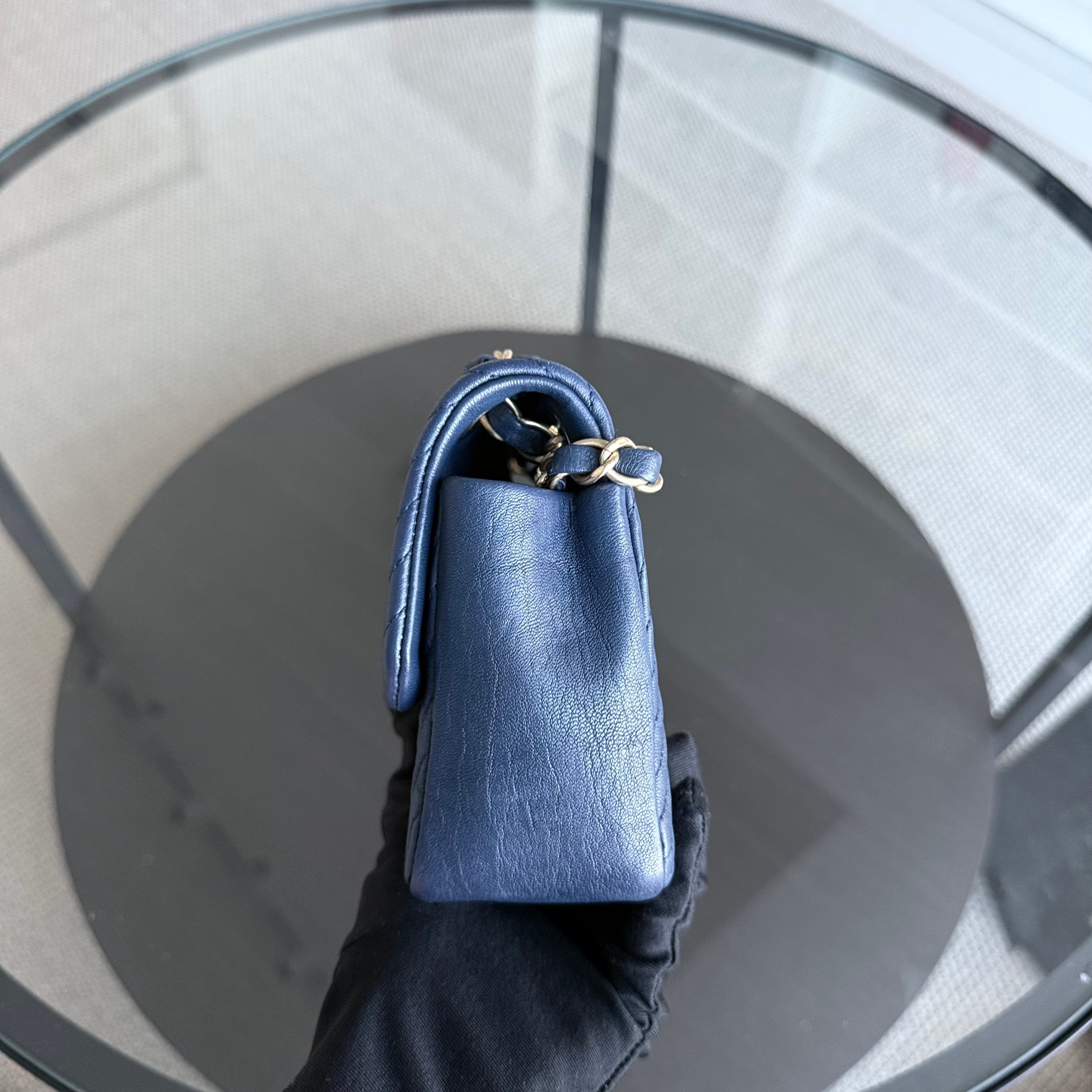 Chanel Seasonal Flap Herringbone - 23CM Calfskin Chevron Blue Distressed Aged Gold Hardware Series 21