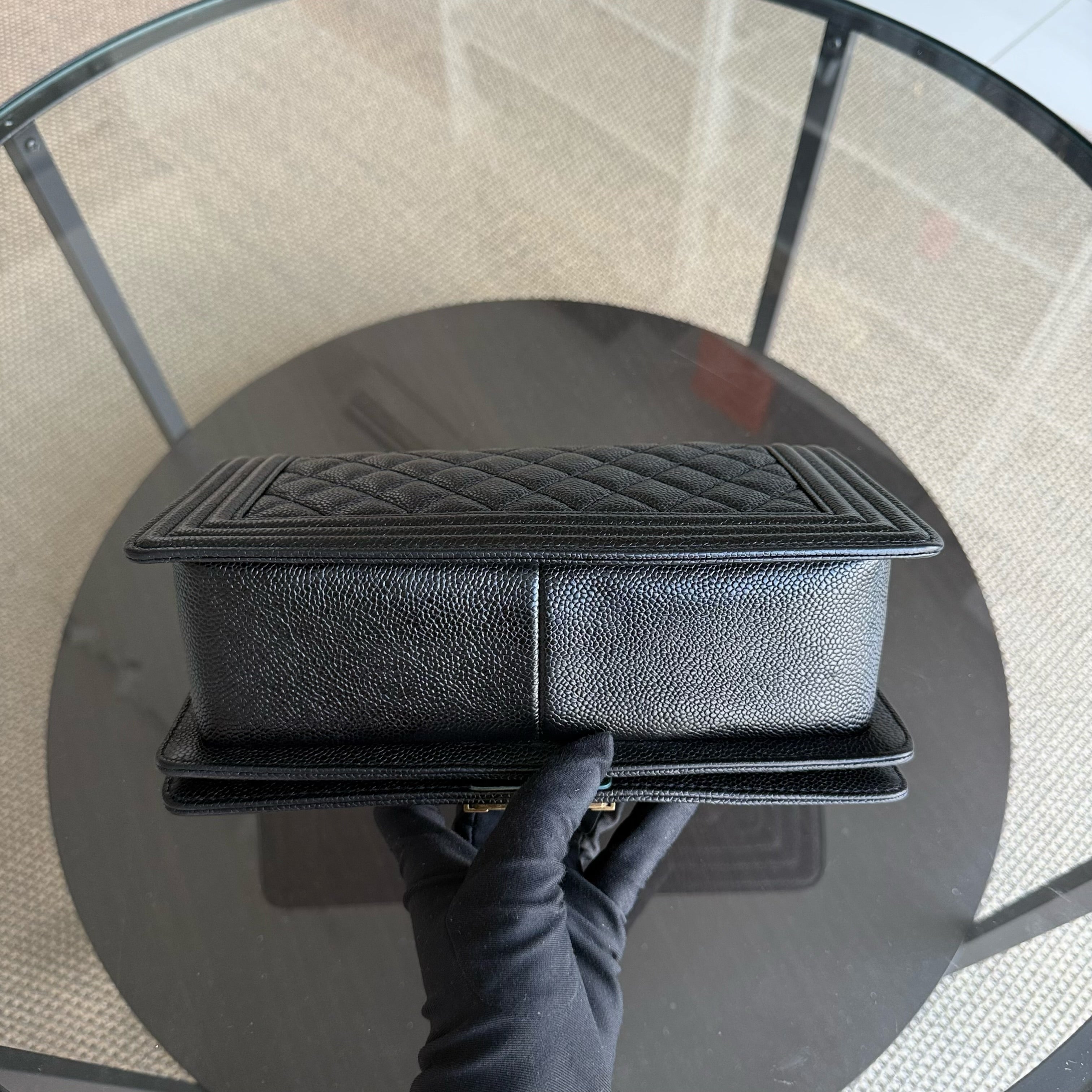 Chanel Boy Old Medium - Caivar Quilted Grained Calfskin Black Ruthenium Gold Hardware Series 19