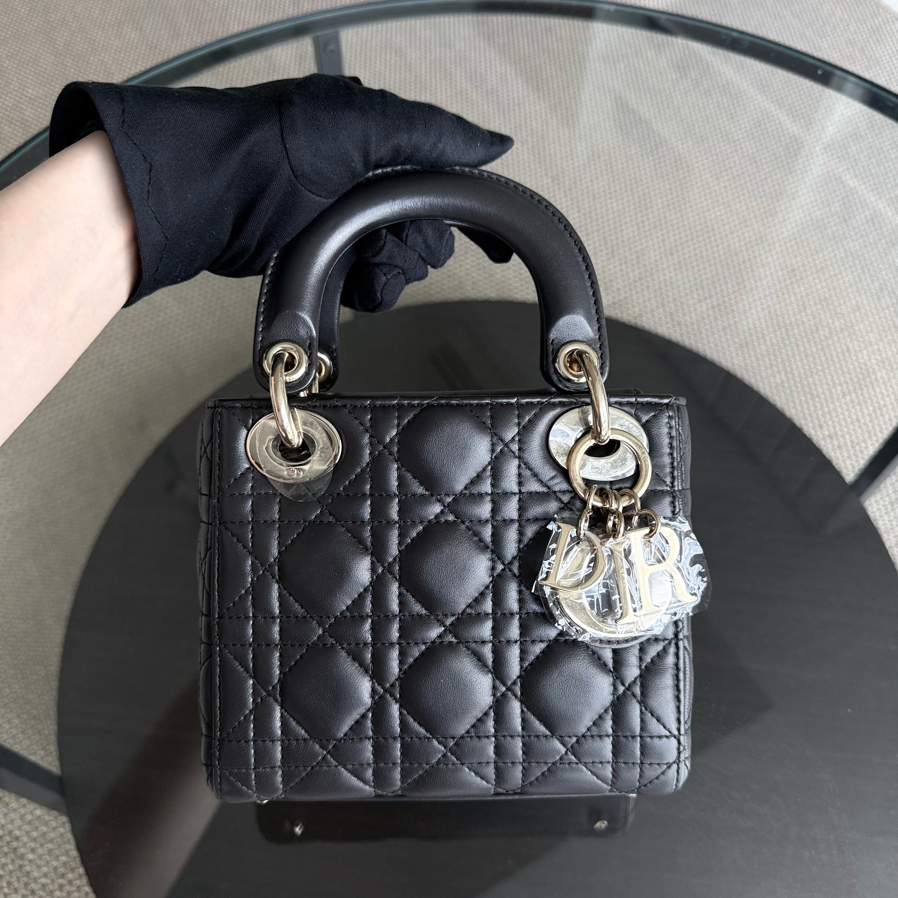 Dior Lady Mini - Cannage Lambskin Dark Grey Gray Gold Hardware Chain Strap