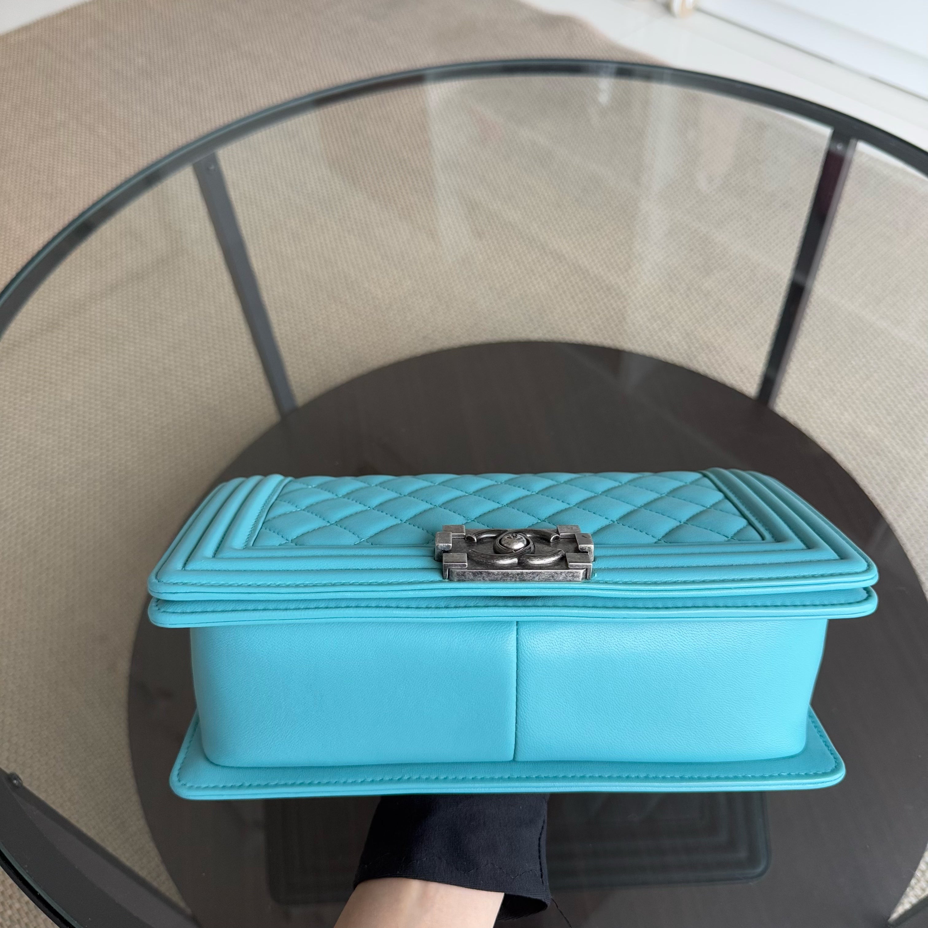 Chanel Boy Medium - 25CM Quilted Lambskin Cyan Blue Ruthenium Silver Hardware Series 19