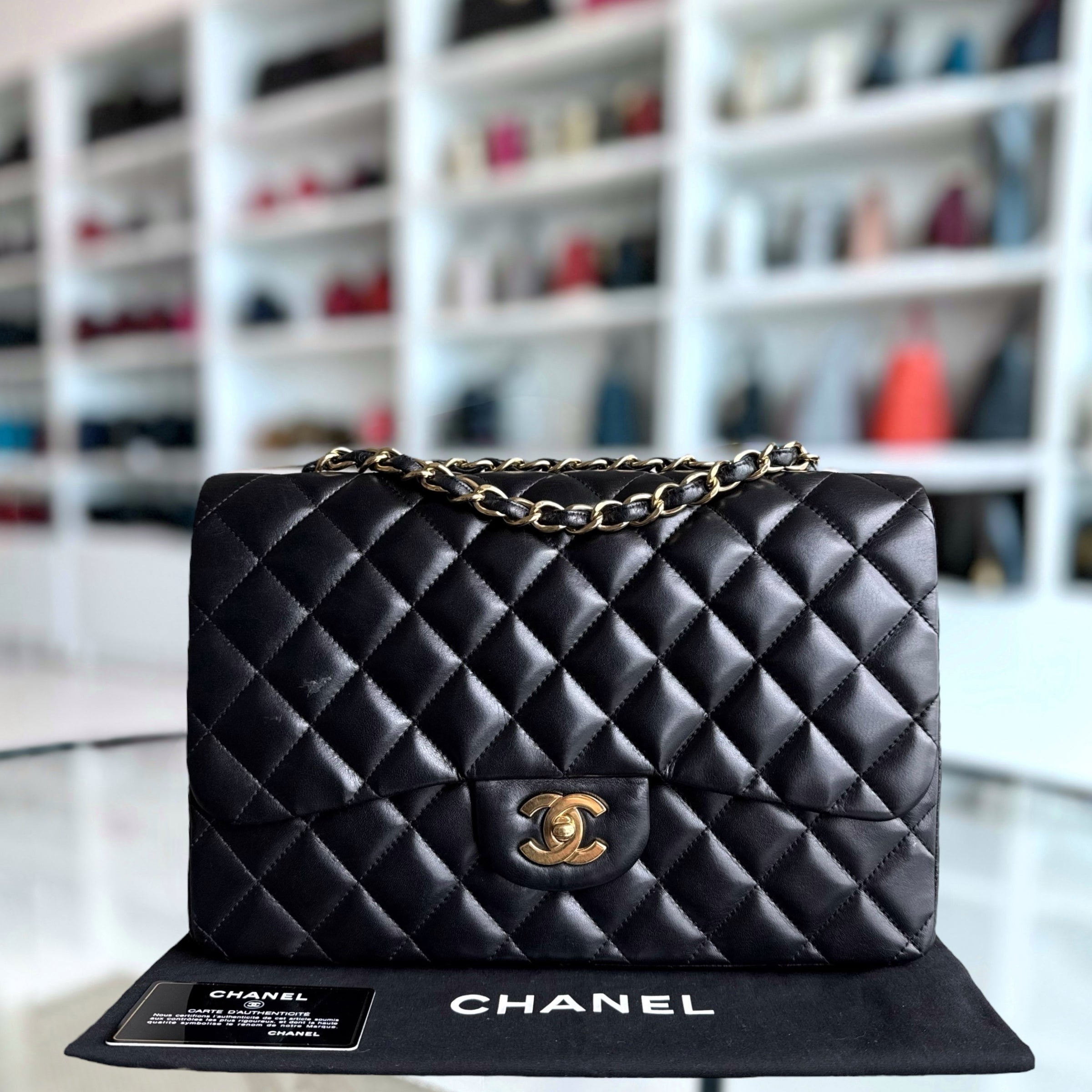 Chanel Classic Flap Jumbo - 30CM Single Flap Quilted Lambskin Black Gold Hardware Series 13