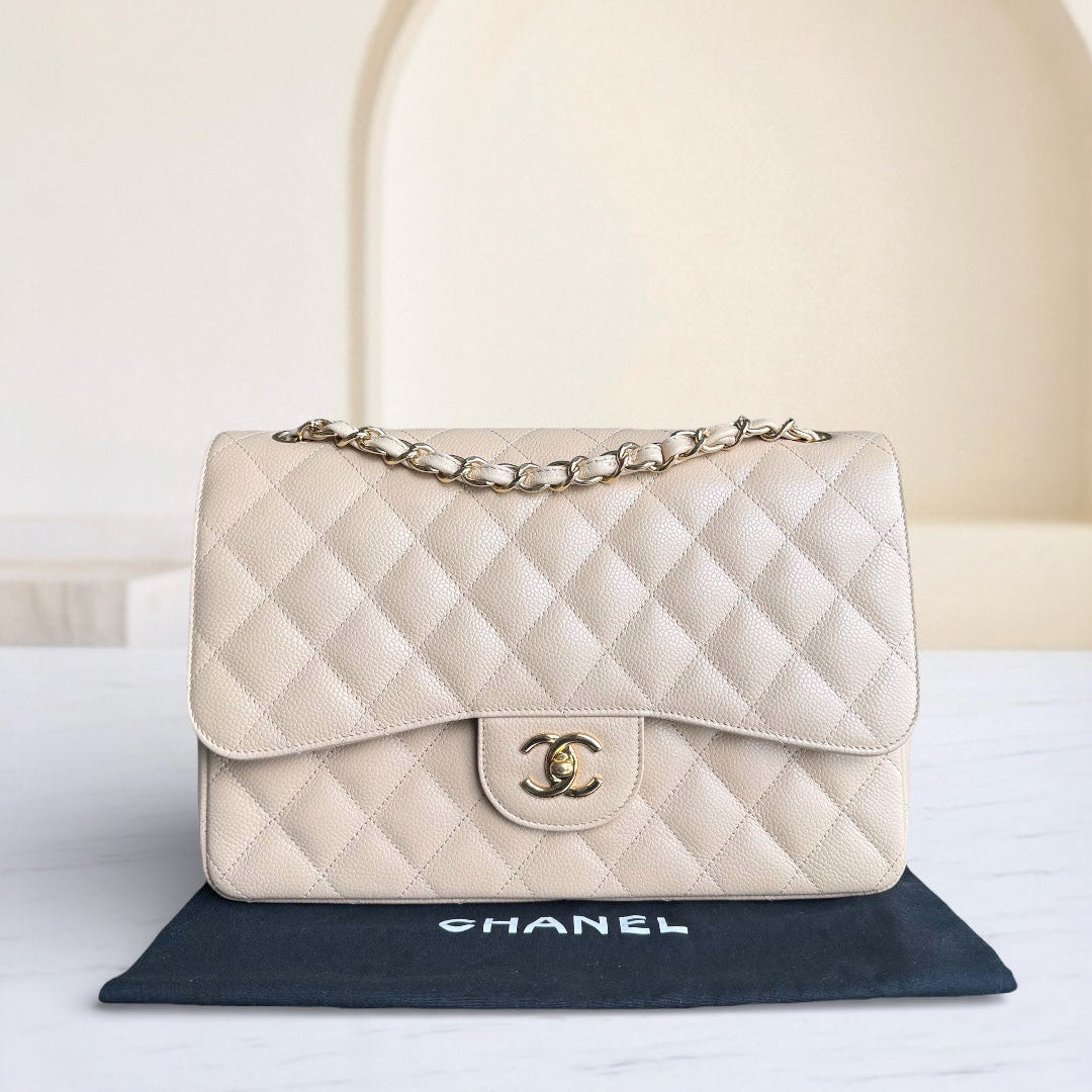 Chanel Classic Flap Jumbo - Caviar Quilted Double Flap Light Beige Gold Hardware