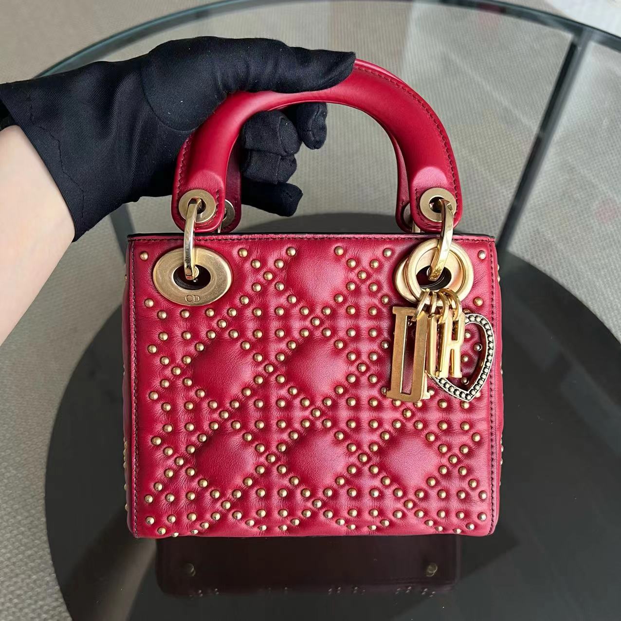 Dior Lady Mini - Valentine Studded Red Golden Hardware