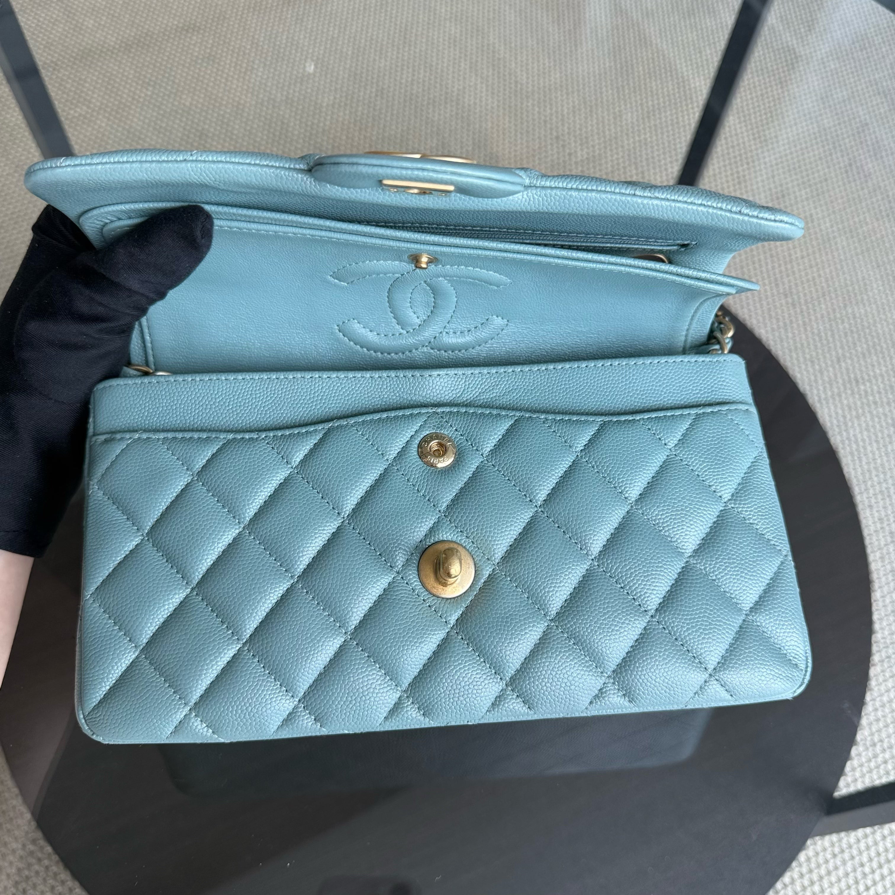 Chanel Classic Flap Small - Caviar 23CM Quilted Light Baby Blue Gold Hardware Series 25
