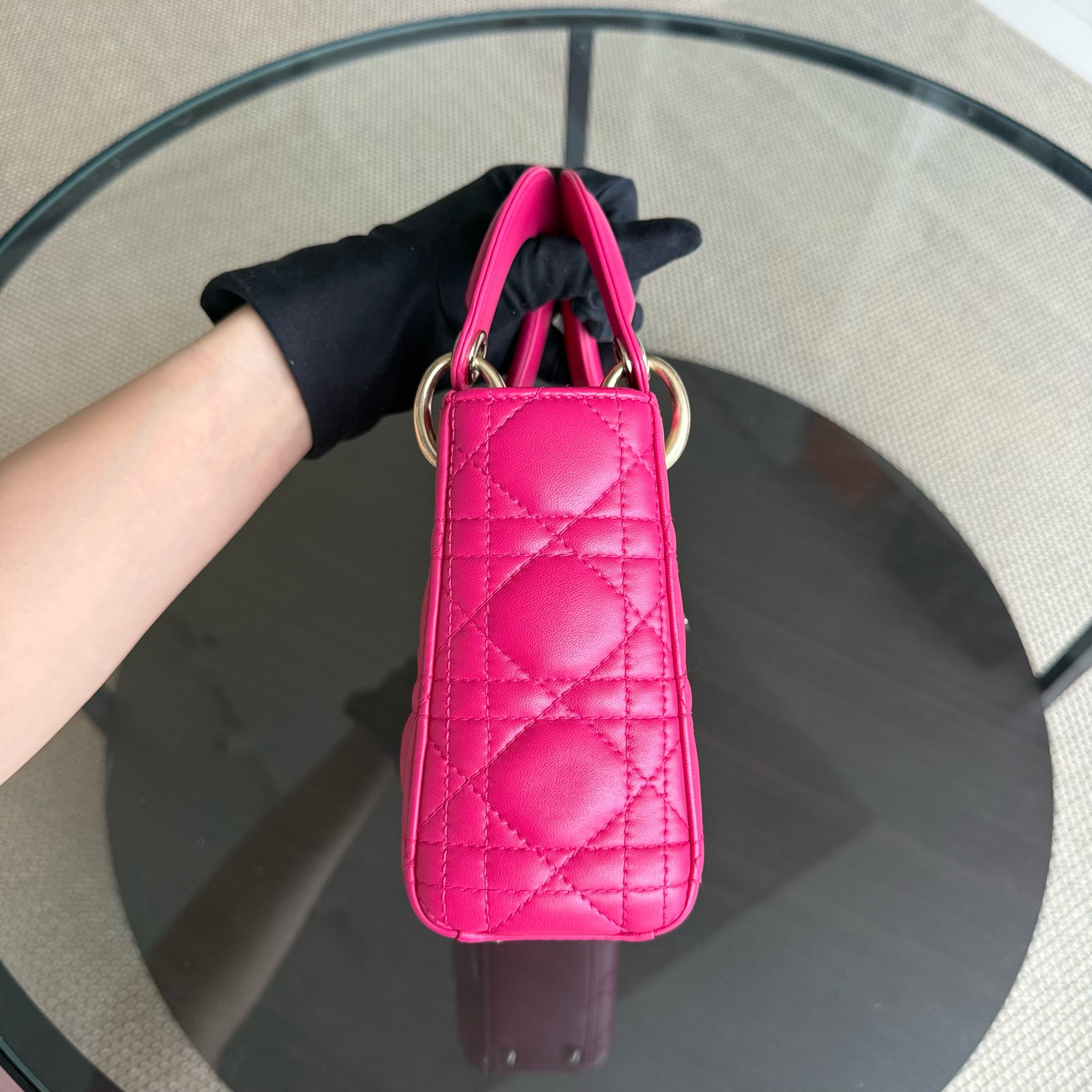 Dior Lady Mini - Cannage Lambskin Hot Pink Gold Hardware Adjustable Strap