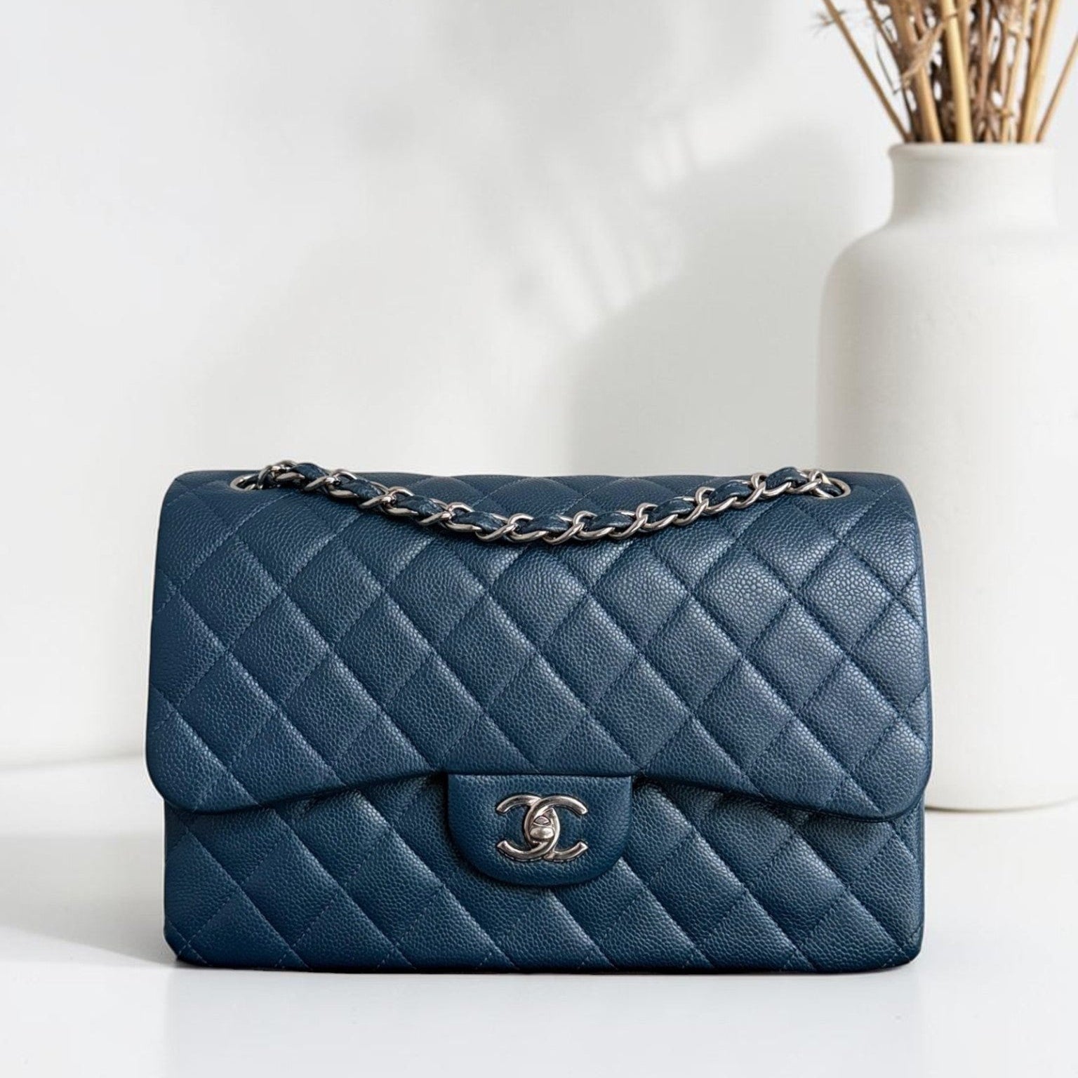 Chanel Classic Flap Jumbo - Caviar 30CM Double Flap Quilted Blue Silver Hardware Series 20