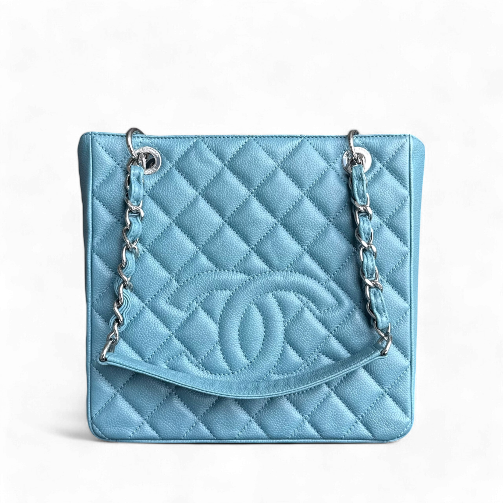 Chanel PST Petite Shopping Tote - Quilted Caviar Light Blue Silver Hardware Series 14