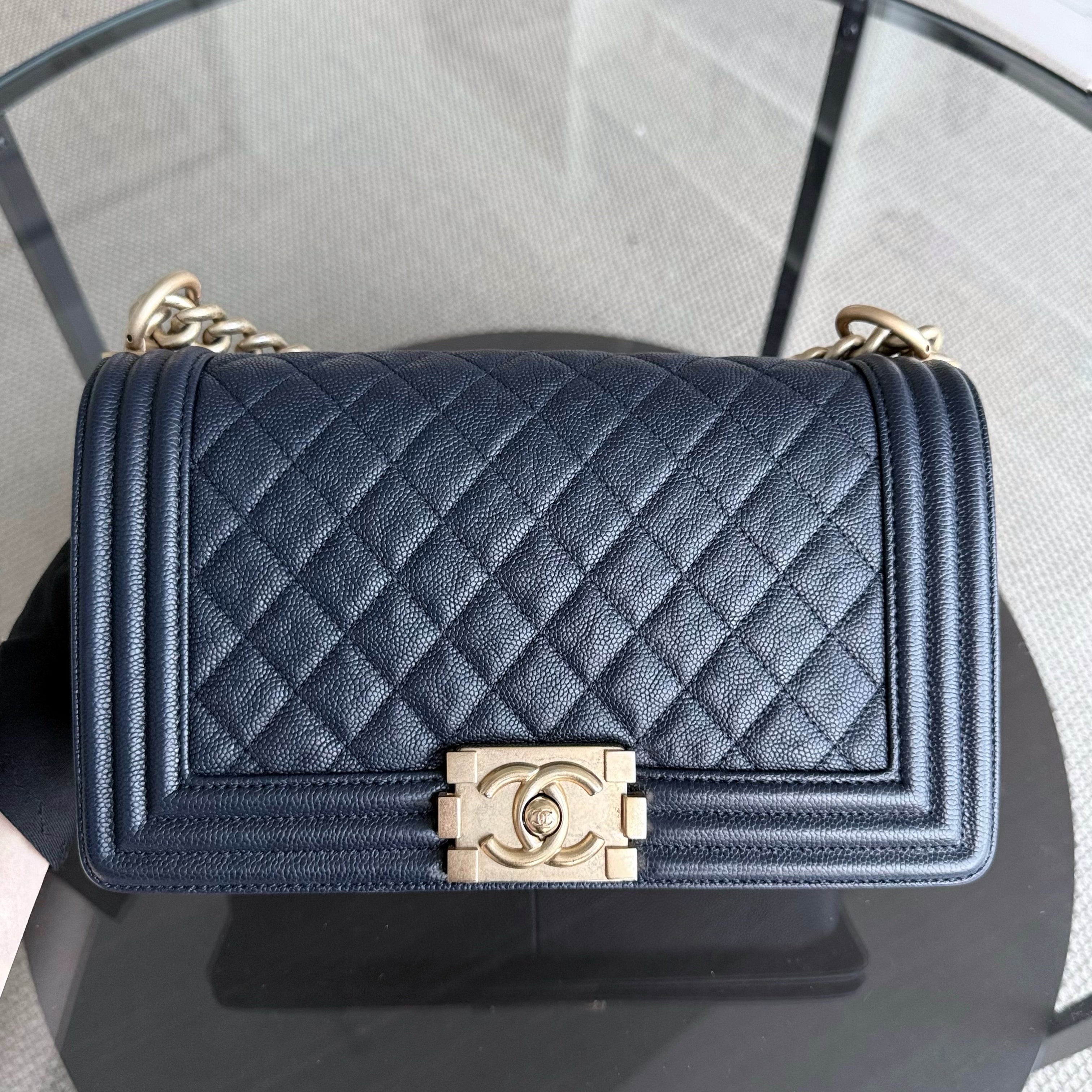 Chanel Boy Medium - Caviar 25CM Quilted Dark Blue Gold Hardware Series 25