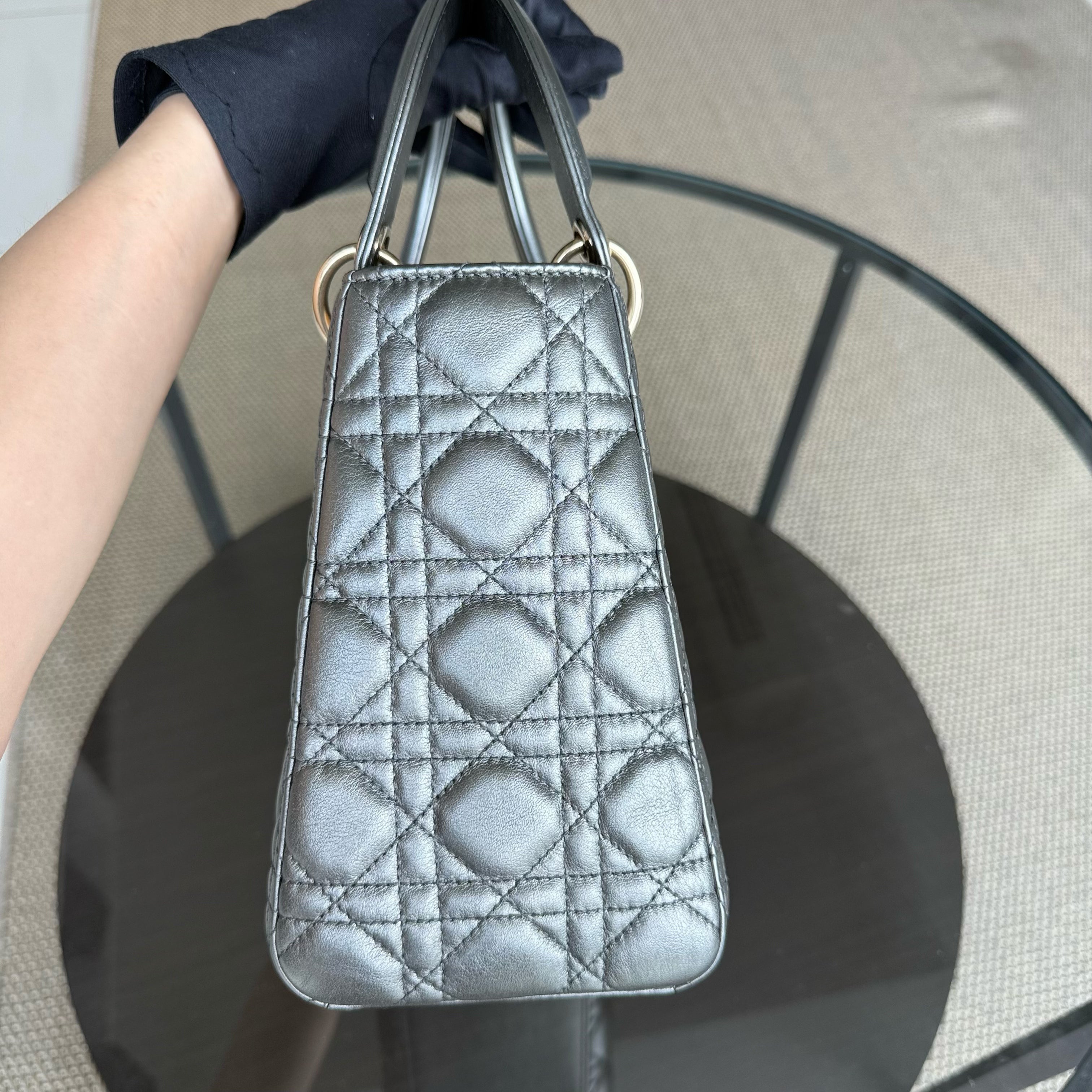 Dior Lady Medium - Cannage Calfskin Metallic Silver Gunmetal Gold Hardware Adjustable Strap