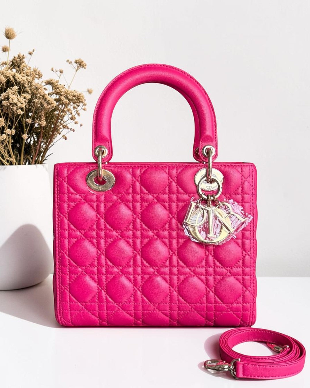 Dior Lady Medium - Cannage Lambskin Hot Pink Gold Hardware