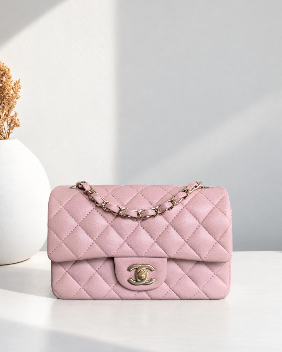 Chanel Mini Rectangle Classic Flap - 20CM Lamskin Quilted Light Pink Gold Hardware Series 20