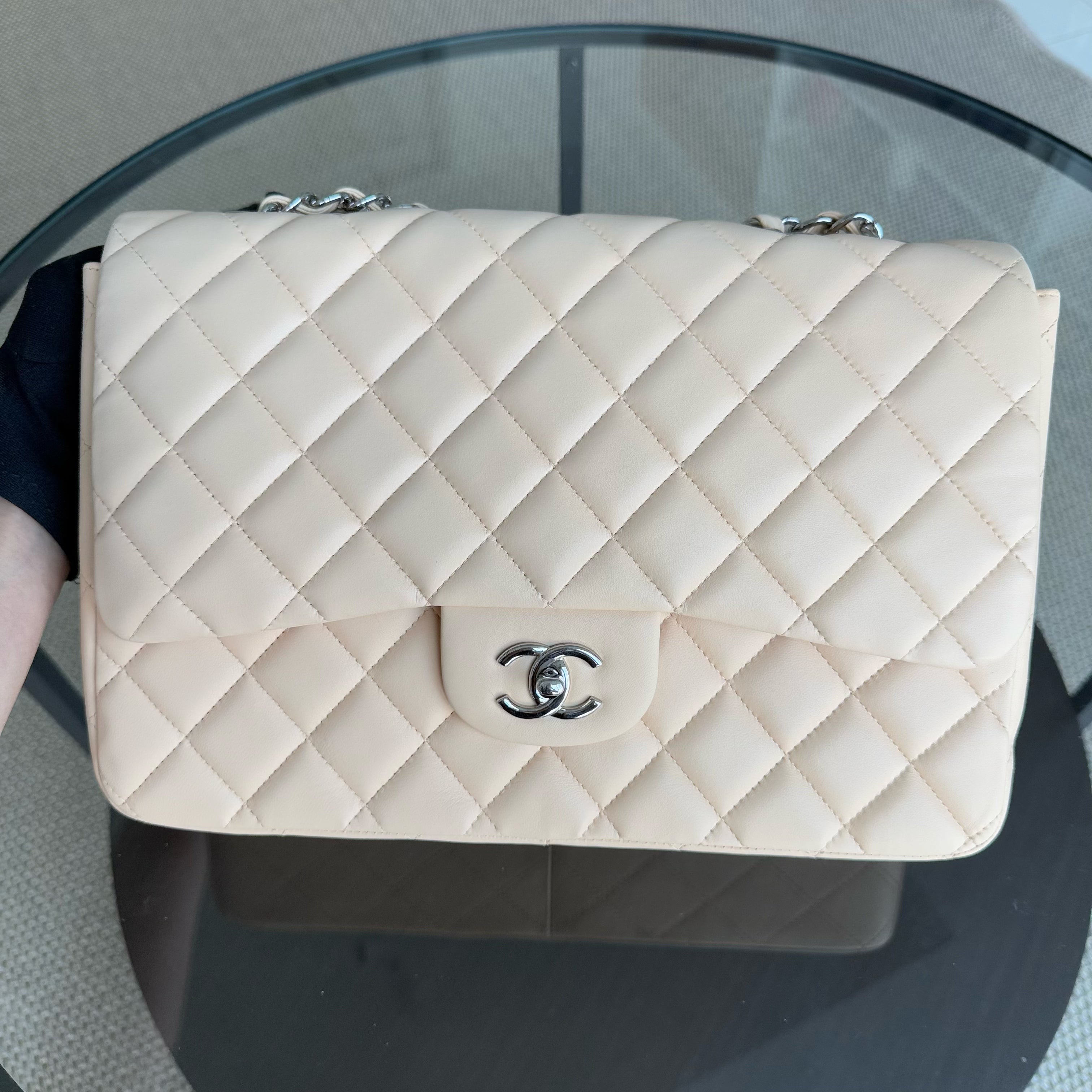 Chanel Classic Flap Jumbo - 30CM Quilted Single Flap Lambskin Beige Silver Hardware Series 13