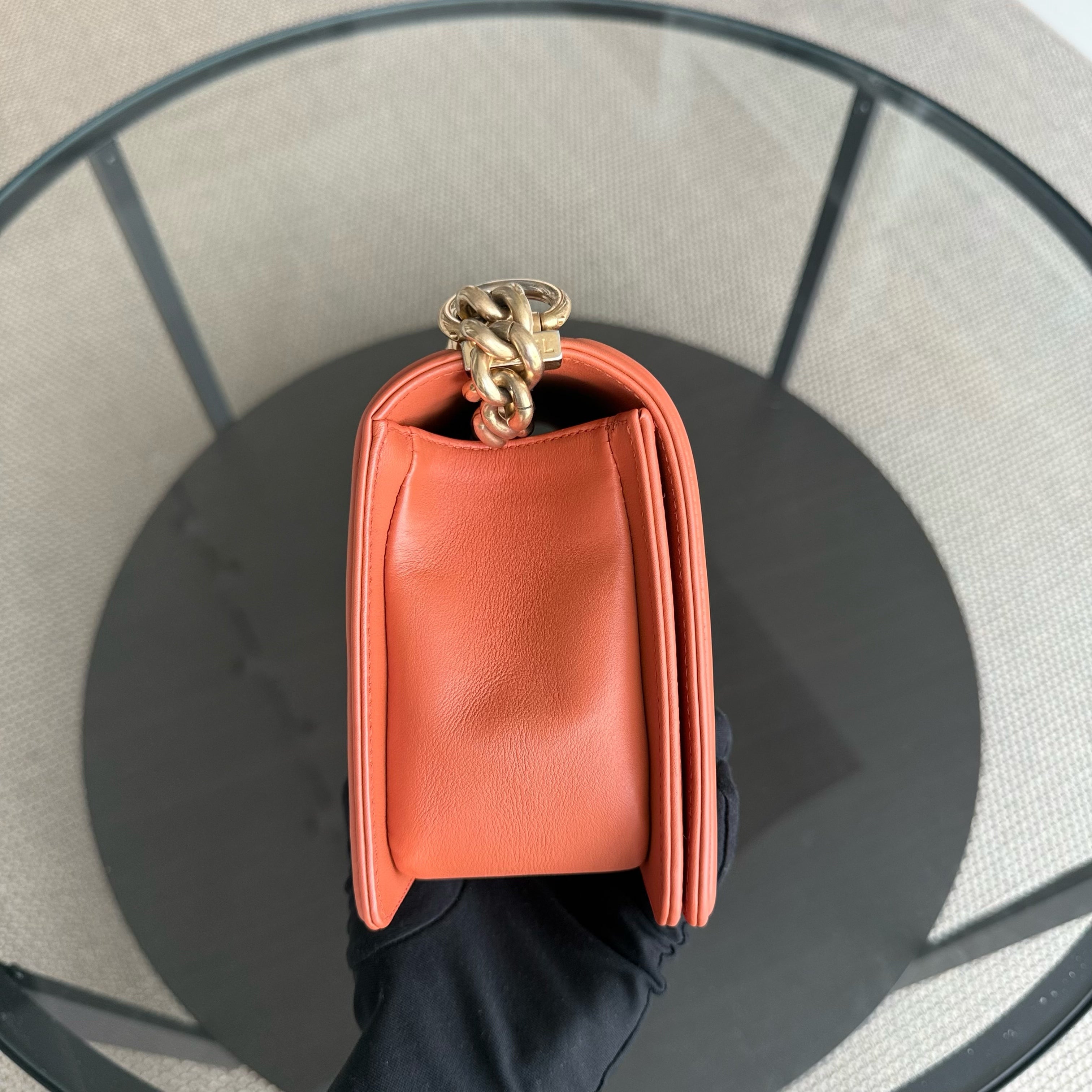 Chanel Boy Medium - 25CM Quilted Clafskin Caramel Aged Gold Hardware Series 20