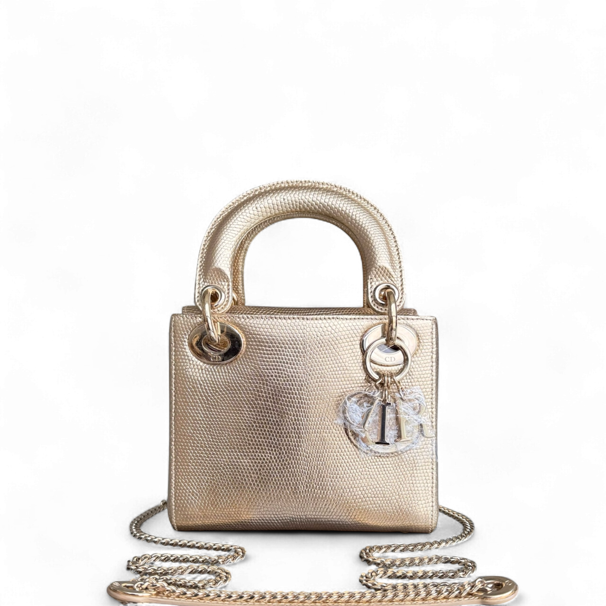 Dior Lady Mini - Exotic Lizard Skin Gold Metallic Gold Hardware Chain Strap