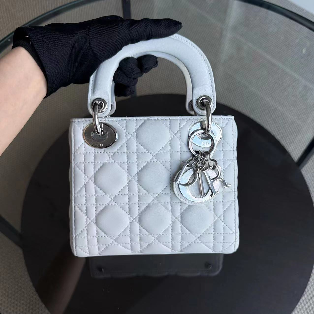 Dior Lady Mini Cannage Lambskin White Silver Hardware