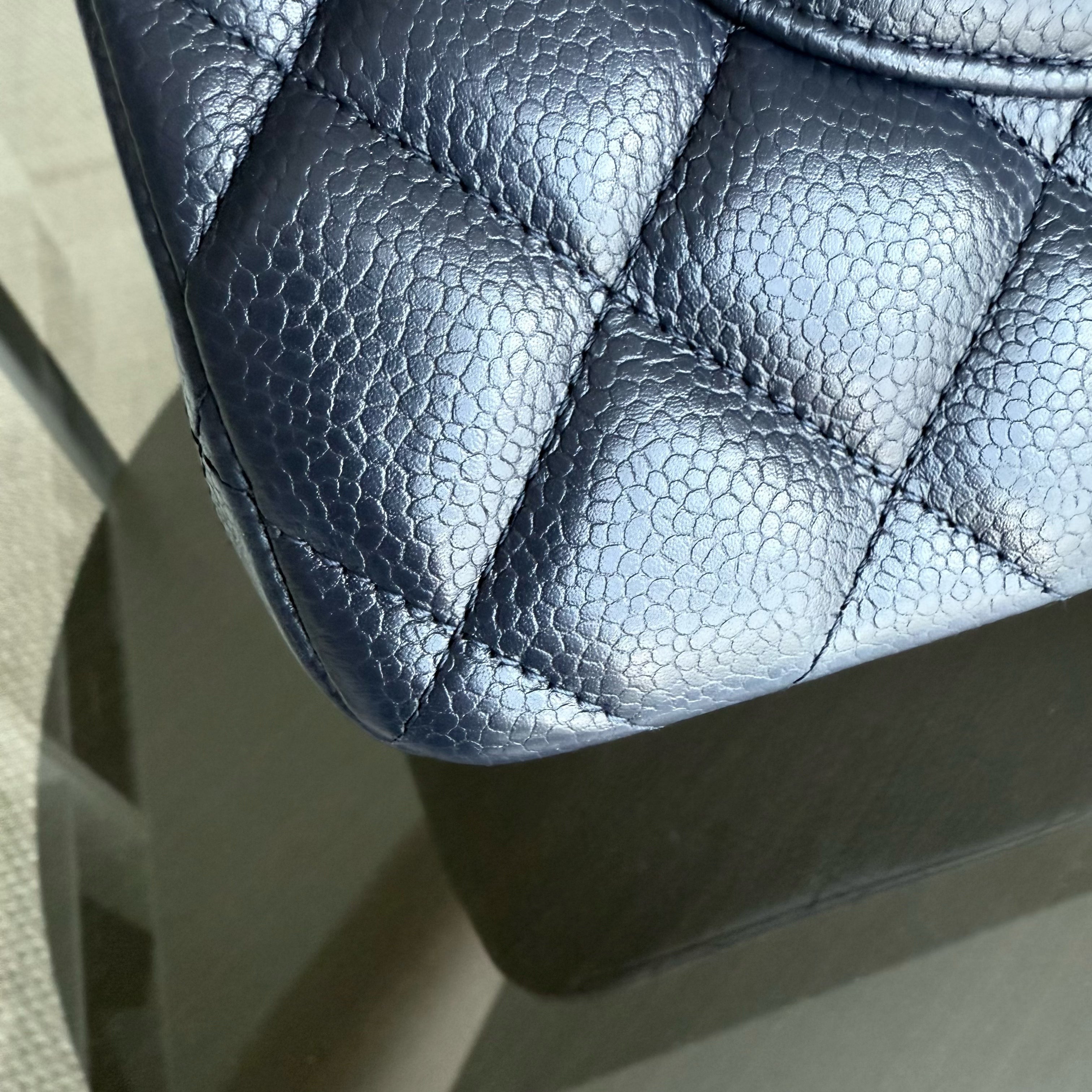 Chanel Classic Flap Jumbo - Caviar Double Flap 30CM Quilted Grained Calfskin Dark Navy Blue Silver Hardware