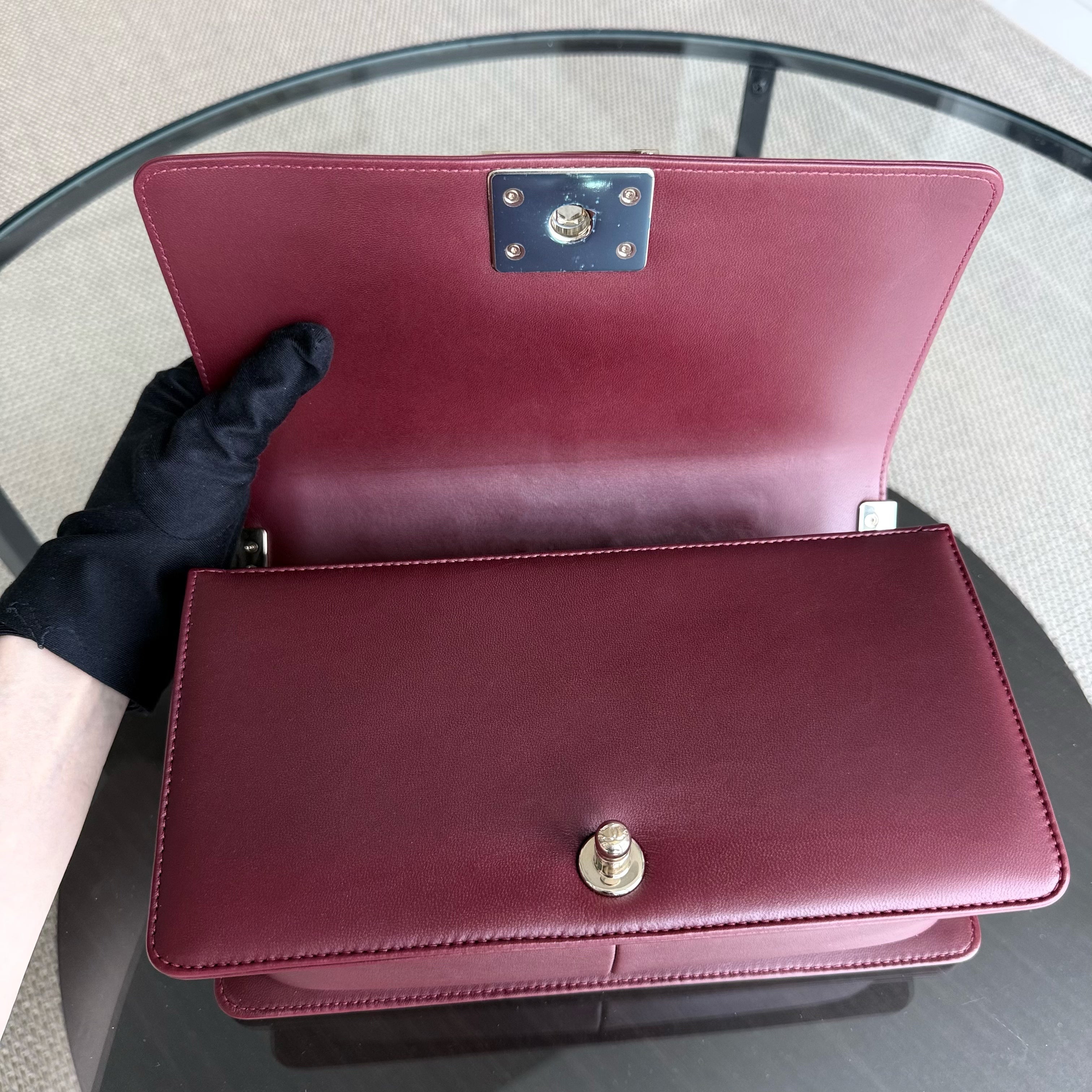 Chanel Boy Medium - 25CM Quilted Lambskin Burgundy Red Gold Hardware Series 22